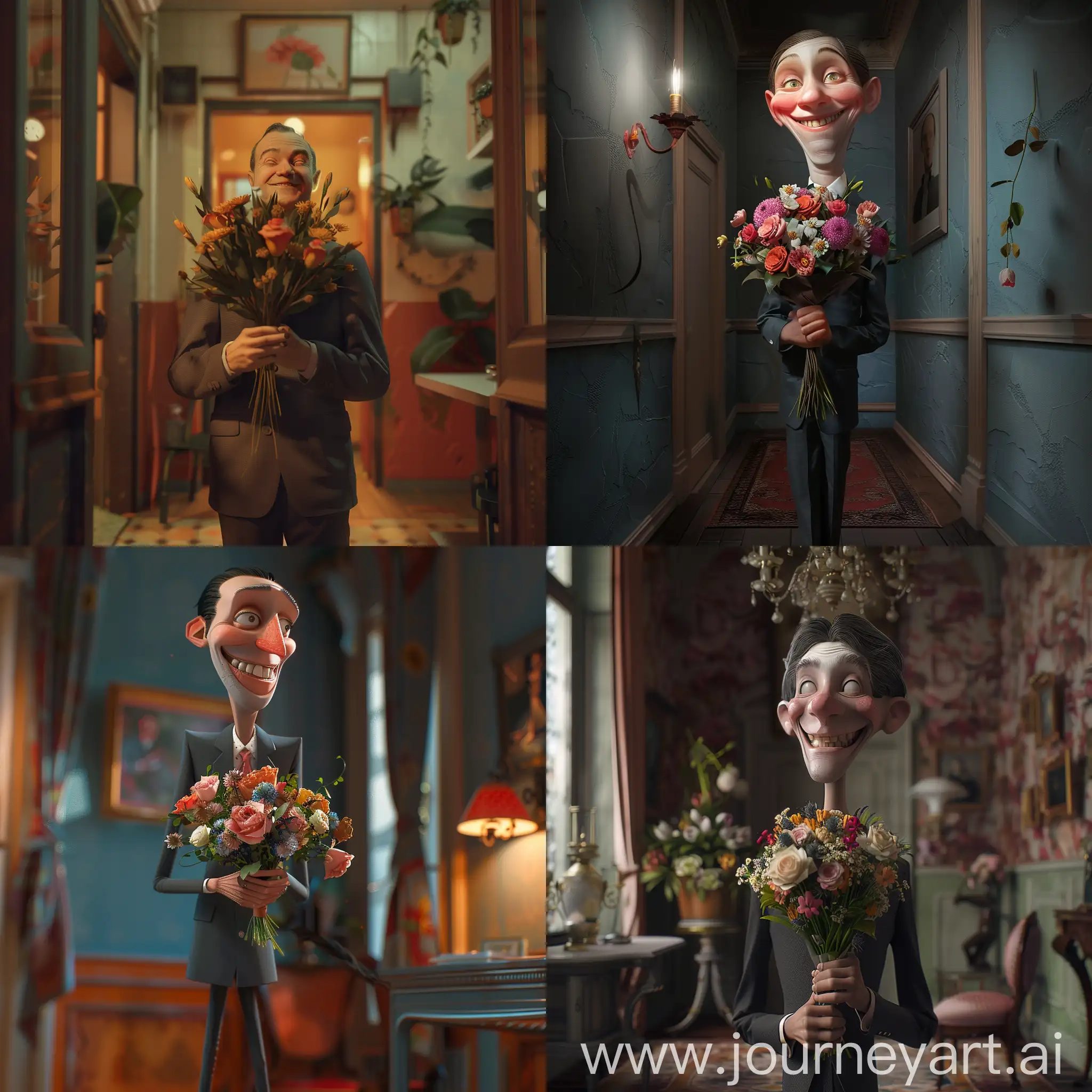 in the center of the image is a thin guy, you can see him from head to hips. The guy is dressed in a strict suit, he carefully holds a bouquet of flowers in his hands and smiles while looking at the viewer.  Photorealistic image of high quality
