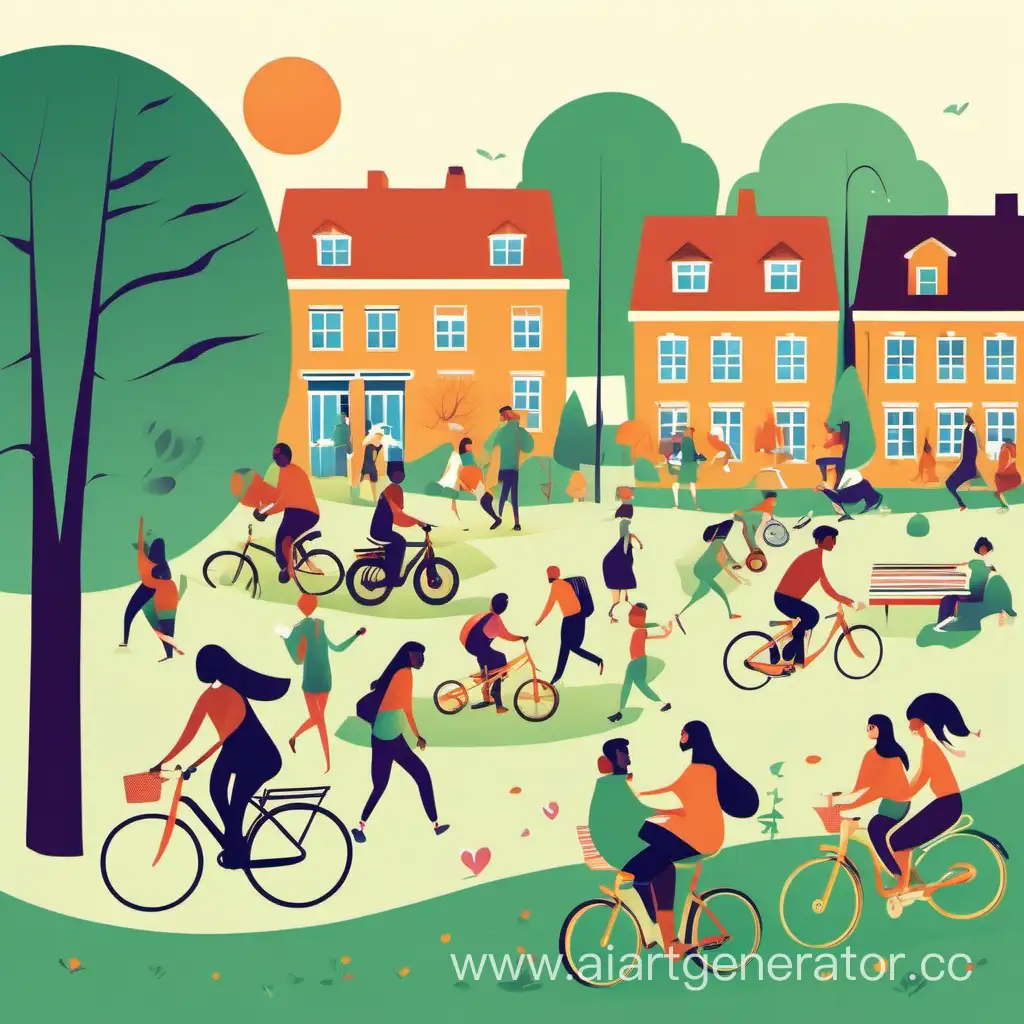 illustration in the style of the design trends of 2024. A city with different houses, people rushing to work. In the park, couples in love walk, young people engage in sports and ride bicycles. A group of people sit on a picnic on the lawn, laughing and having fun. A girl sits by the window with a cup of coffee.