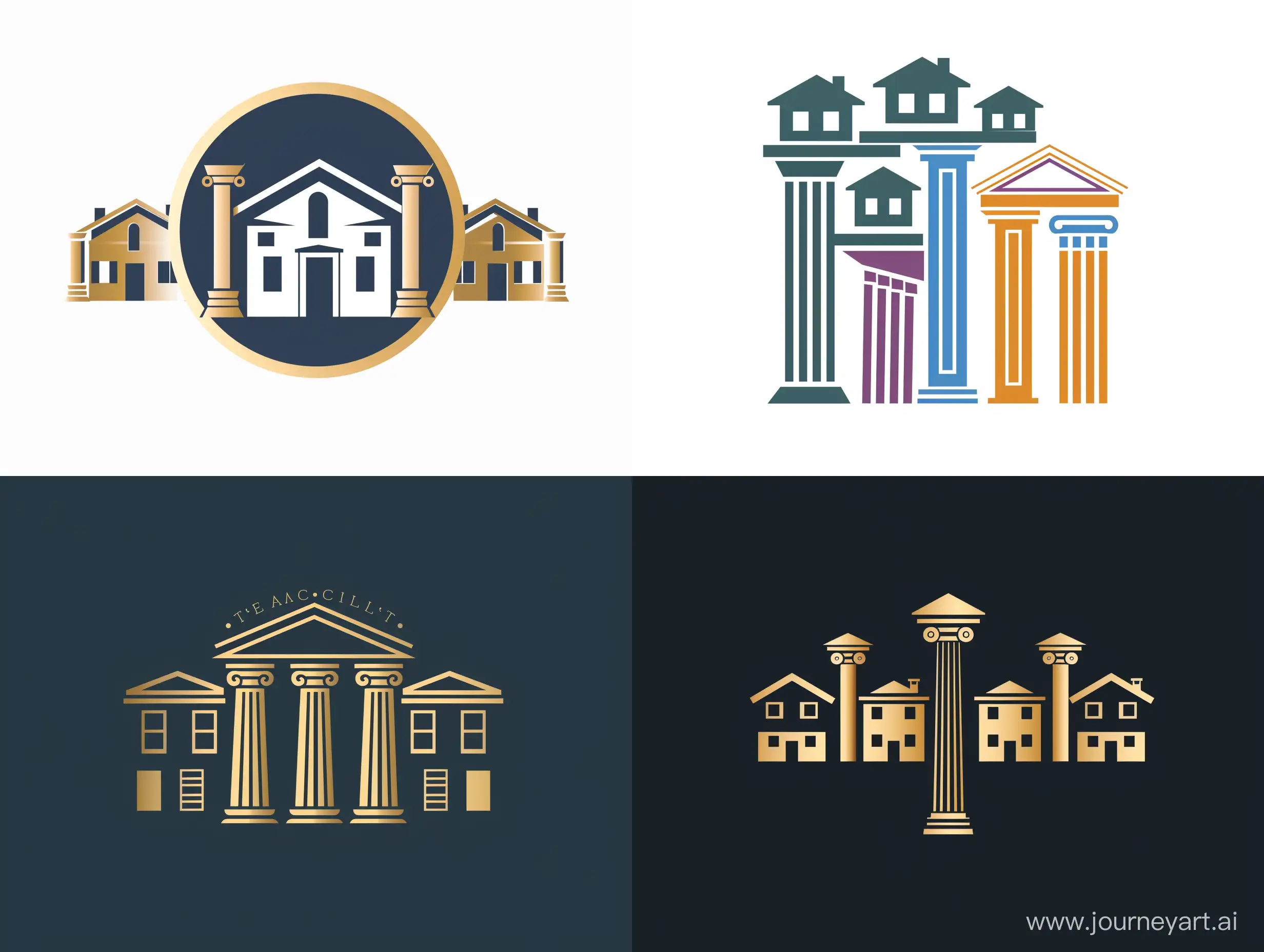 modern logo with houses and greek columns 