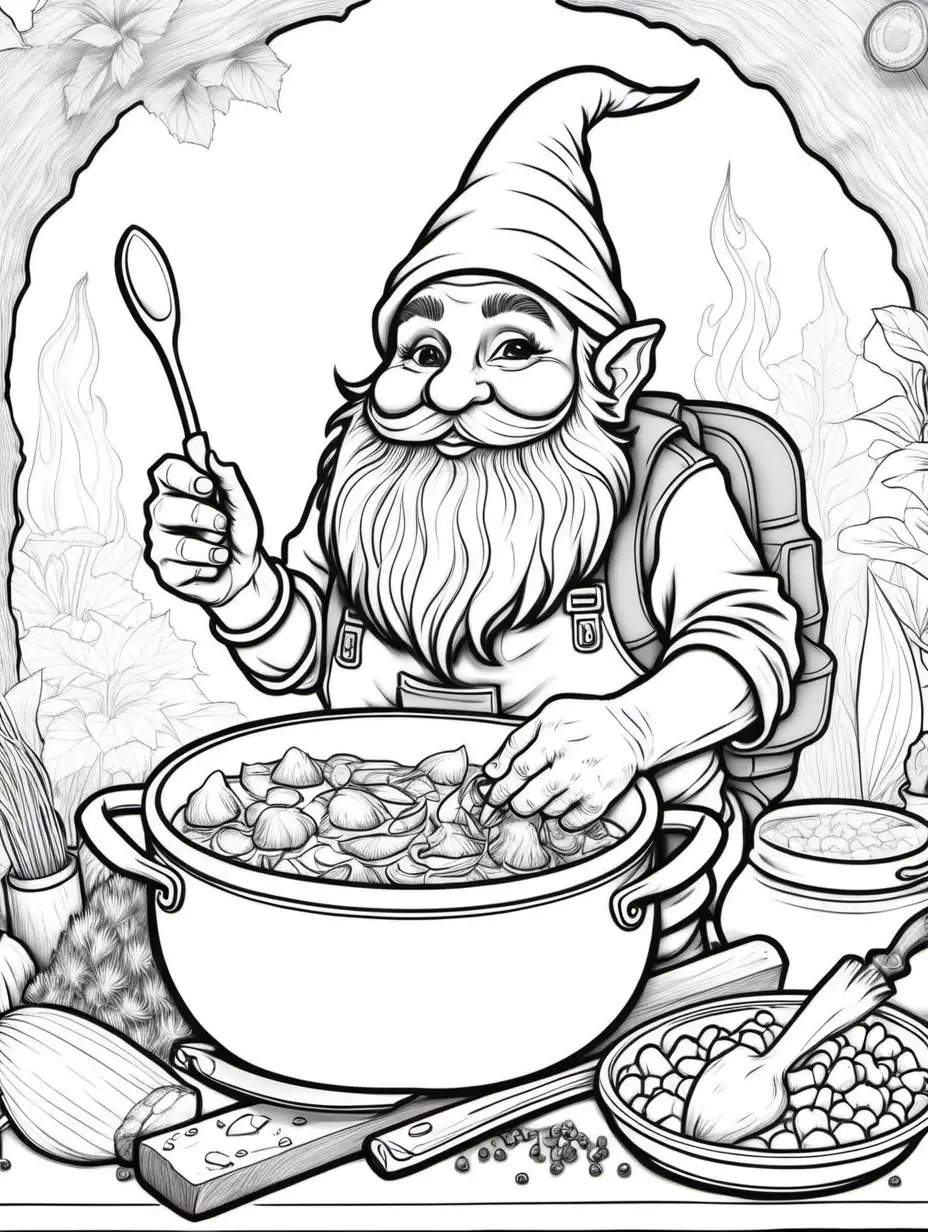 coloring page for adults, army gnome cooking for gnomes, no shading