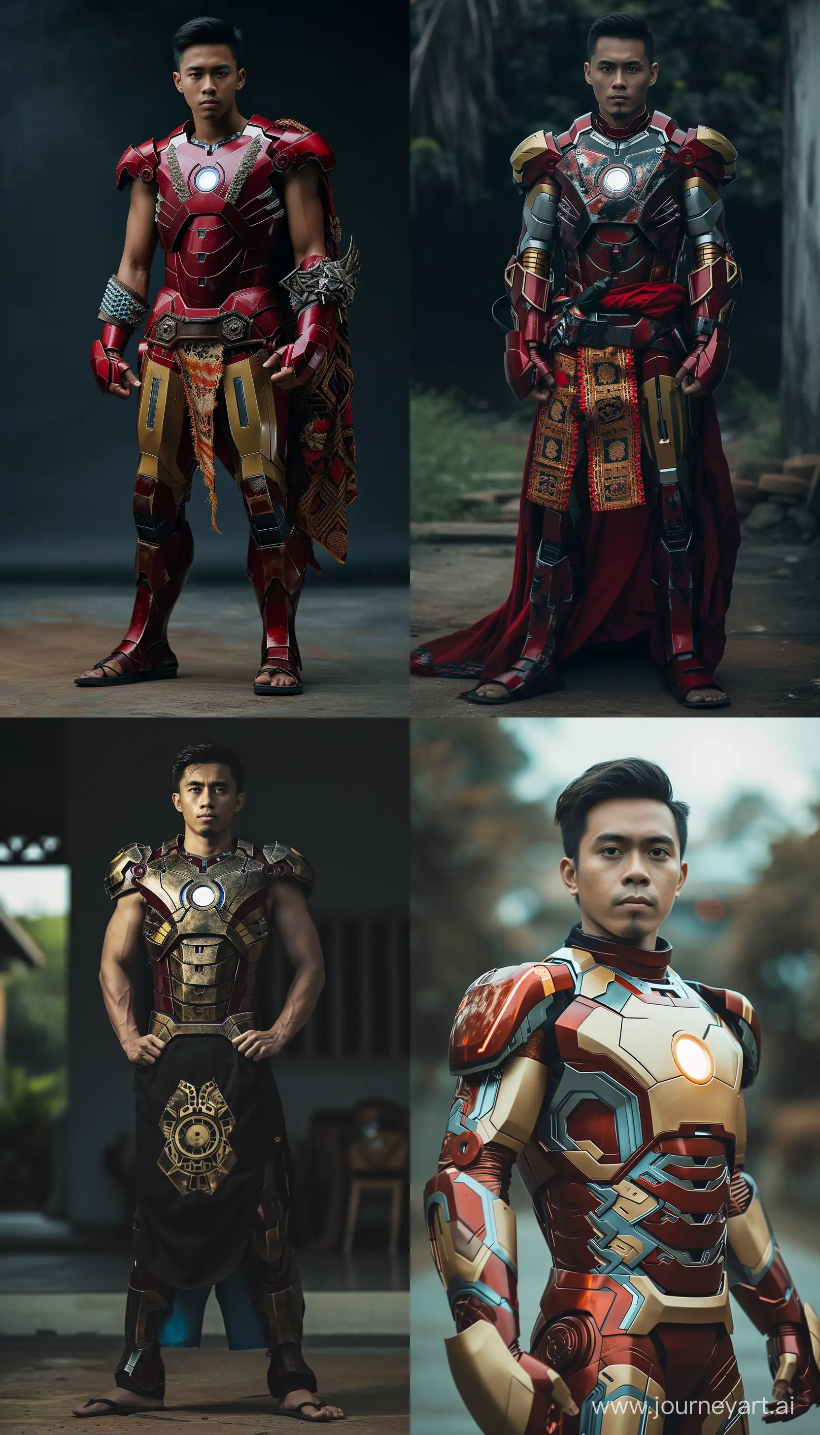 Stunning handsome young Indonesian man wearing blangkon and Iron man armor standing, Alun alun Tegal background, high quality photography, full shot --ar 4:7 --v 6