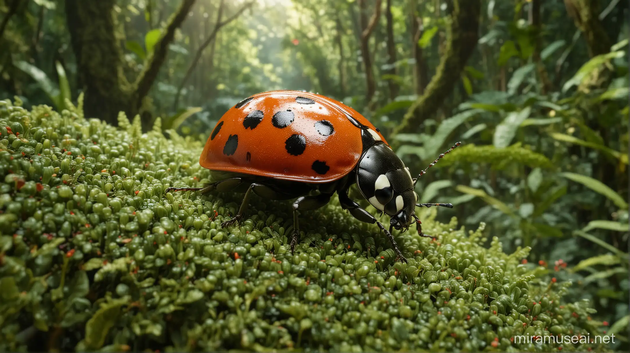 Craft a vibrant, highly detailed 8K close-up image featuring a lively ladybug flaying to the lens of a camera, against the lush backdrop of the Amazon jungle. Immerse viewers in the vivid colors of the ladybug's red and black spots, making it the central focus. The background should be a softly blurred, yet artistically rendered tapestry of greens and browns, characteristic of the dense Amazonian foliage. This composition aims to evoke intimacy and immediacy, inviting viewers into the enchanting microcosm of this captivating insect.