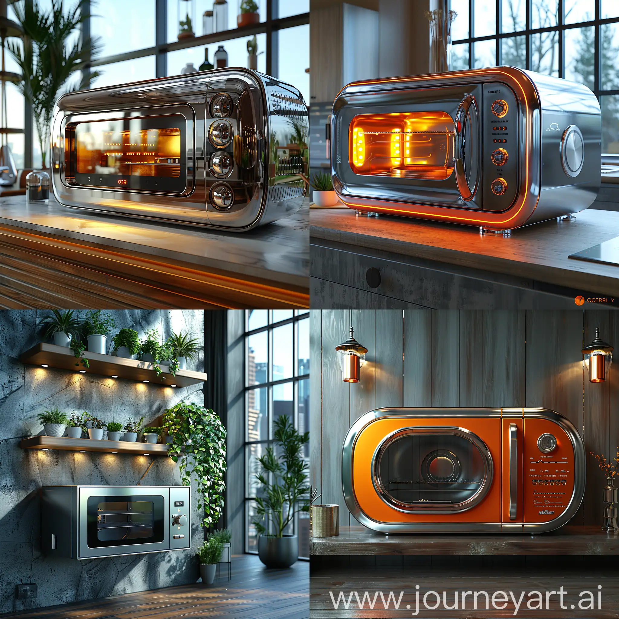 Futuristic microwave, ultra-modern, ultramodern, high-tech, stainless steel, smart materials, octane render --stylize 1000