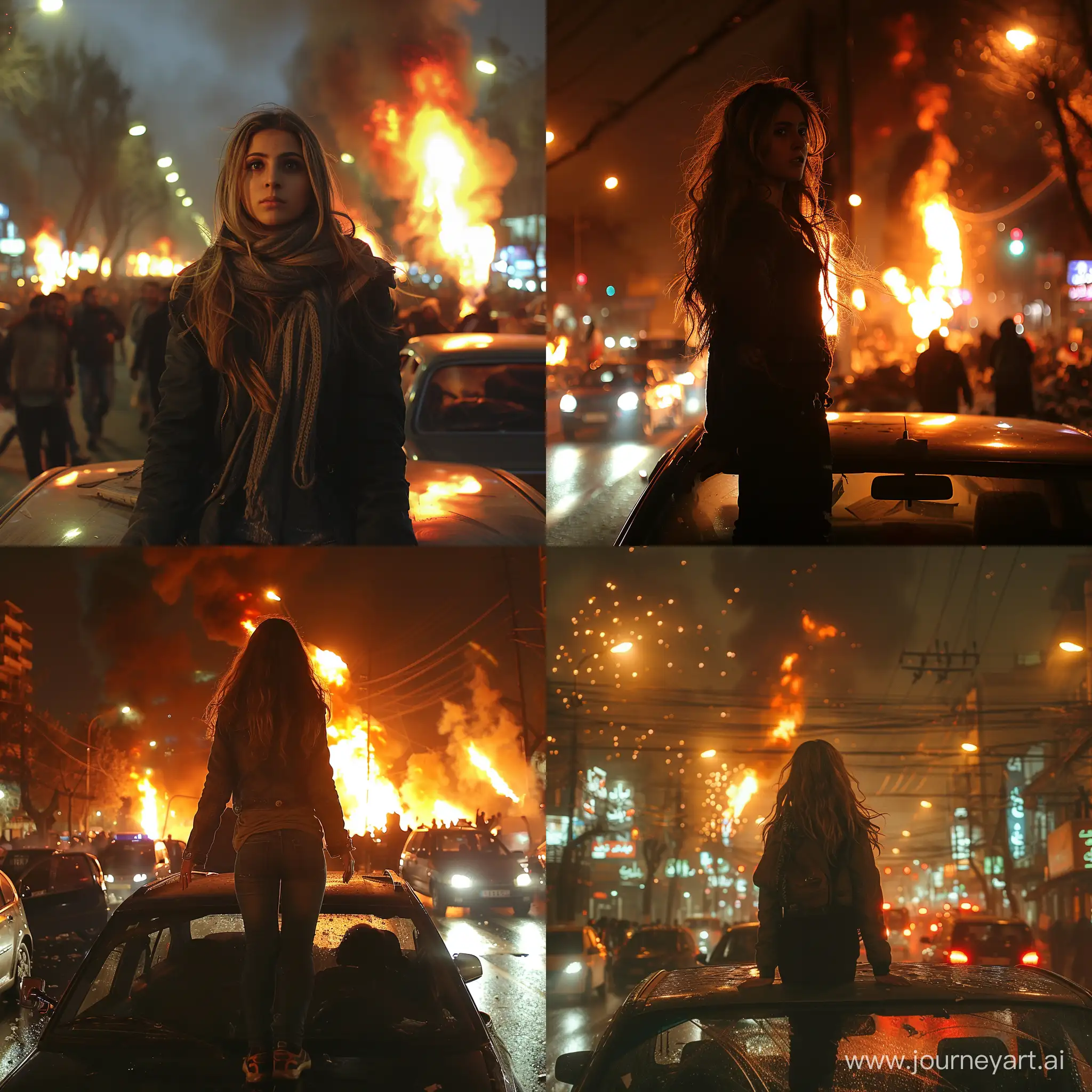 dark aesthetic photo, an Iranian girl amidst a chaotic street protest in Tehran, The scene is filled with tension and unrest, as flames from fire flares illuminate the night sky in the background. Standing boldly on the roof of a car. --style raw --stylize 750