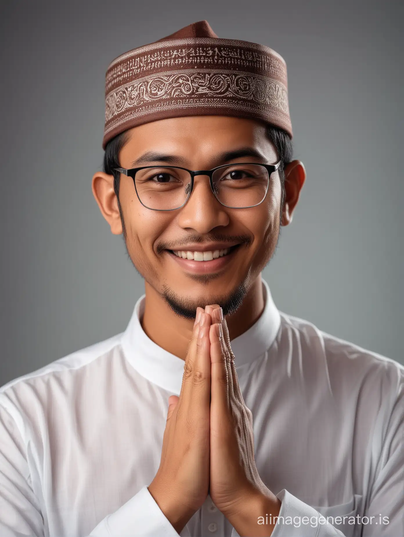 Professional portrait photo of a indonesian moslem man, 35 years old, clean face, little smilling,strong body, square face, wearing glasses, hand making namaste symbol