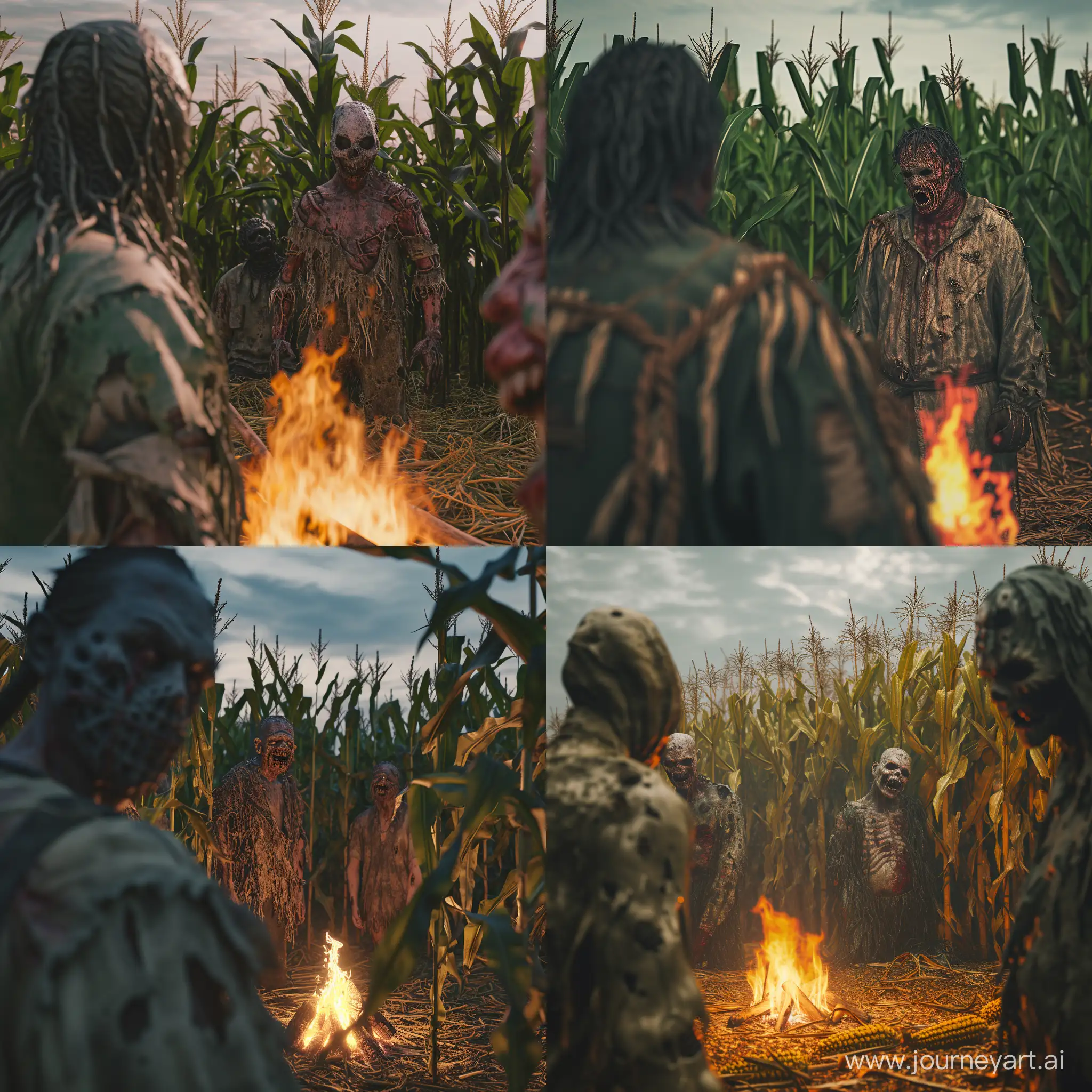 Absurd creepy people looking at the camera at the corn field. They are wearing dirty ragged clothes and creepy masks. There is a camp fire in front of him. Creepy environment. Cinematic shot. Ultra realistic. 8K. HD. HQ