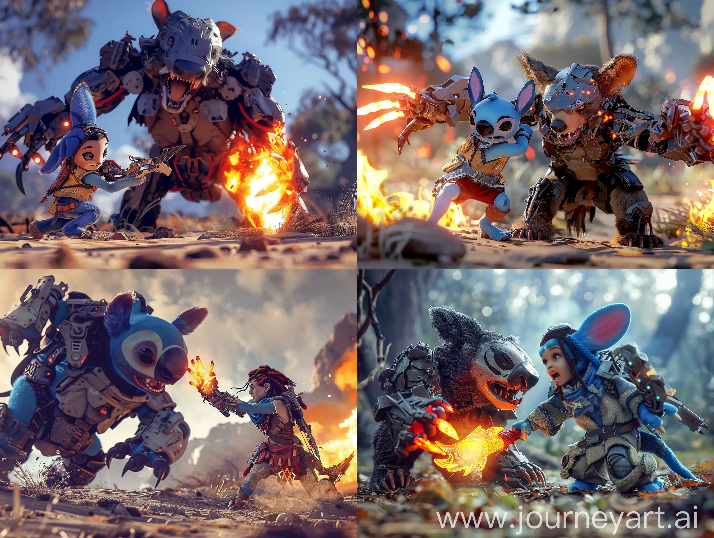 Stitch from "Lilo & Stitch" wearing the Outfit of Aloy from "Horizon Zero Dawn" fighting an aggressive Metal Bear with flaming claws, fores,t Post Apocalyptic, 