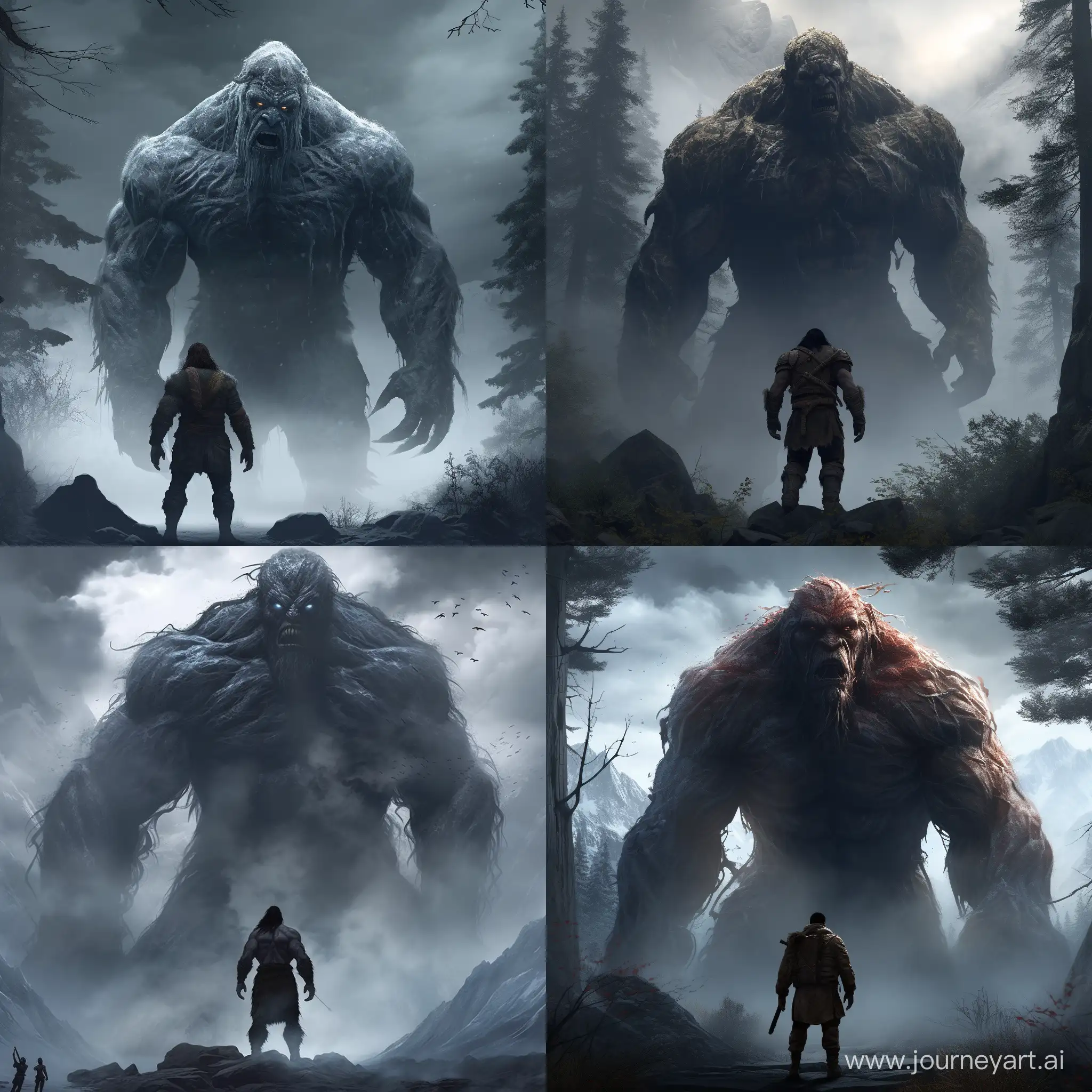 Ymir's Ominous Presence: Depict Ymir, the giant leader, as a colossal and imposing figure. Use imagery to convey the threat he posed to Asgard, prompting the gods to take drastic measures. 8k, hyperrealistic, cinematic