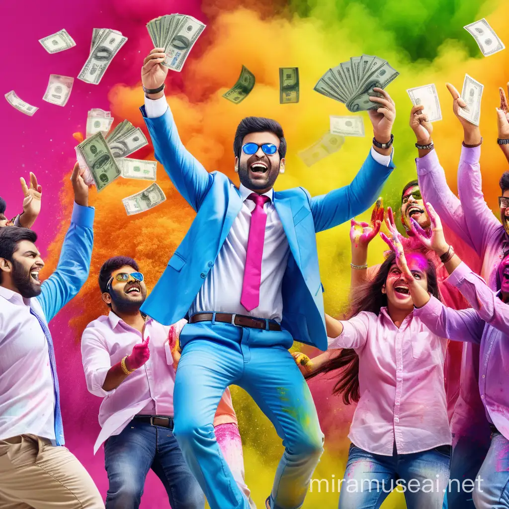 create an image where salespeople has lot of money in hand and they are throwing money while celebrating holi