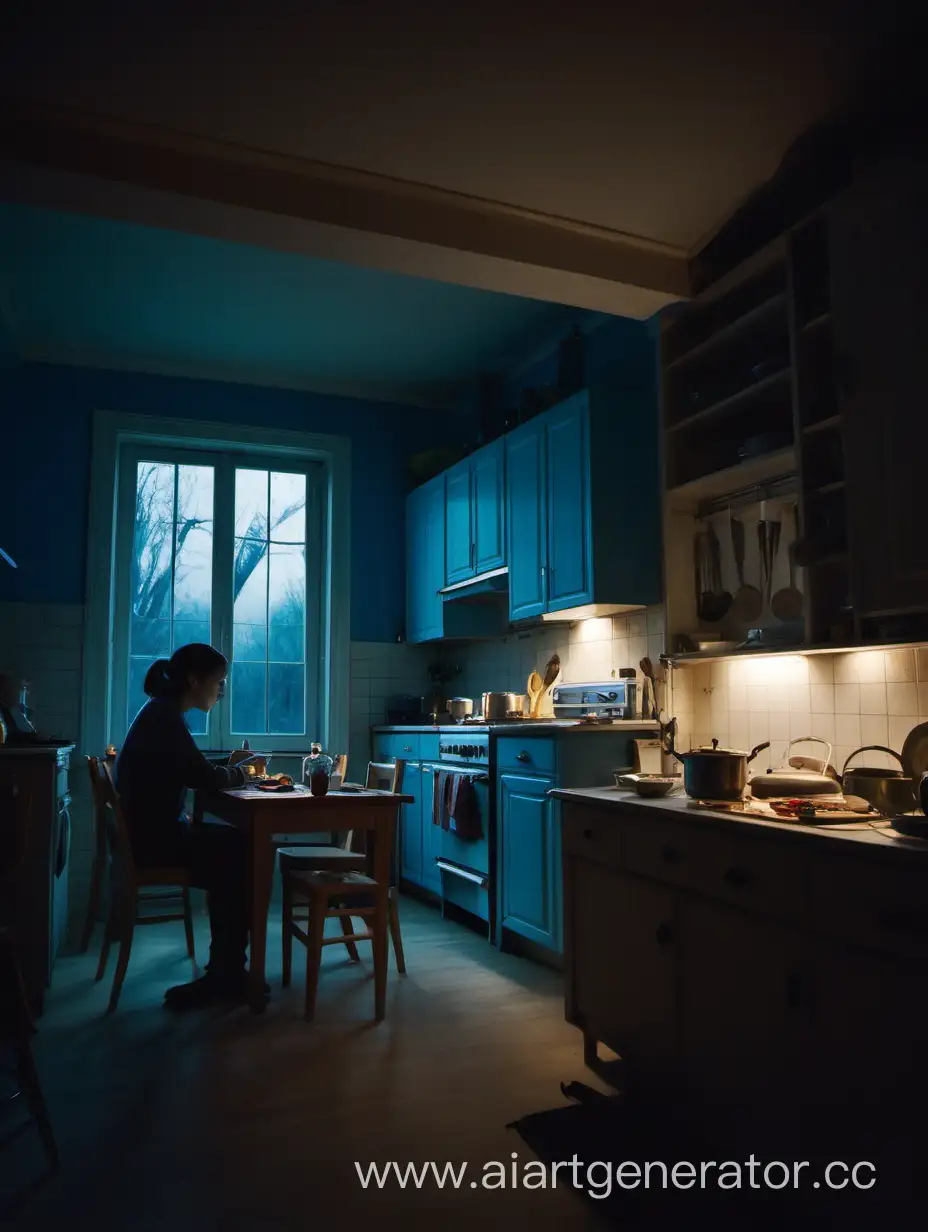  2 человека сидят в большой кухне, на заднем плане плита, духовка, кухонные приборы ,на против друг друга за столом, вечером, у окна, в комнате темно , один из них смотрит в ноутбук, а другой человек на него, свет от ноутбука падает человеку на лицо синим цветом, а в комнате полумрак