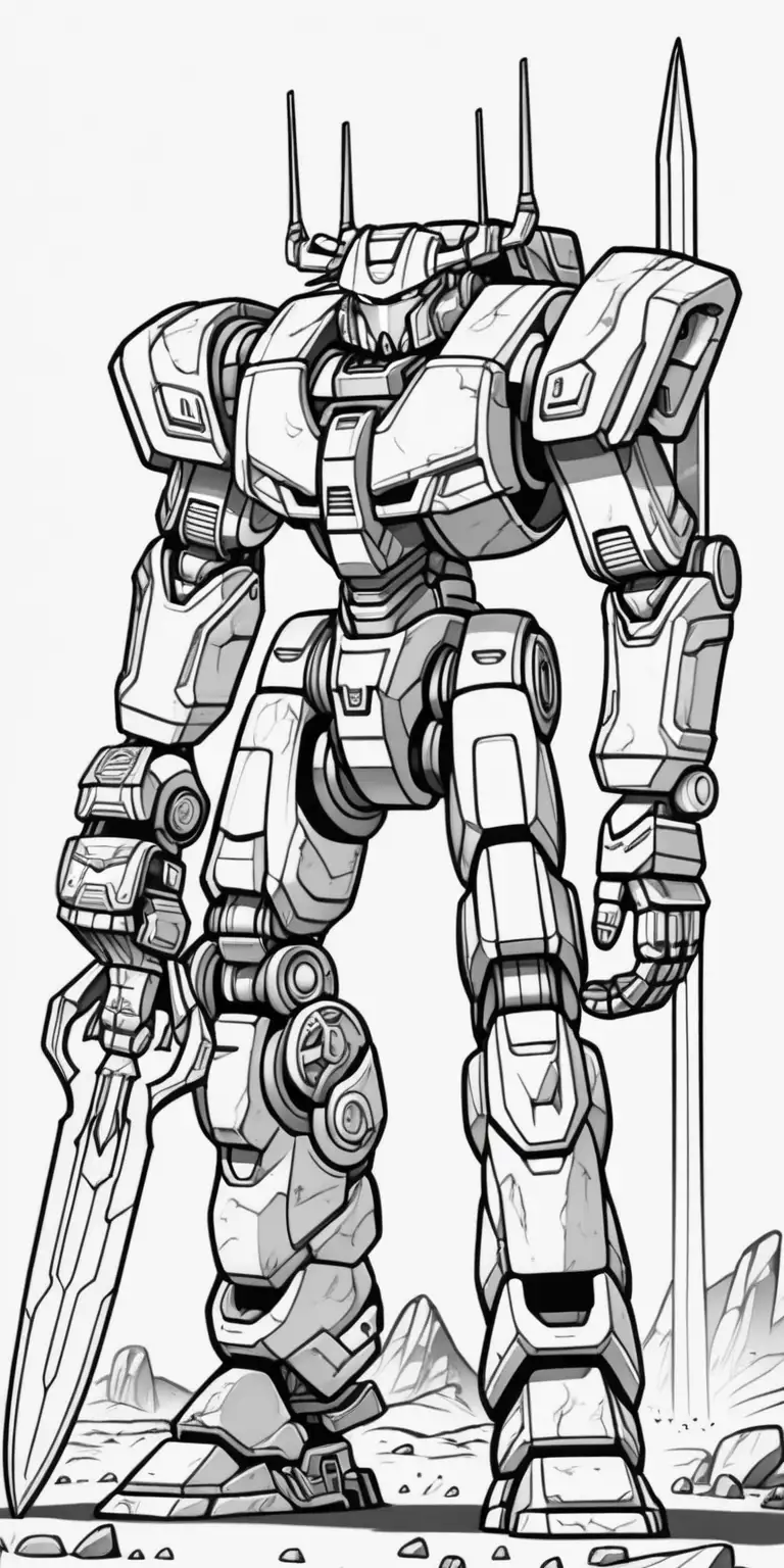 Create a mech warrior cartoon, for kids with thick lines, no shading, low detail, with a giant sword, black and white only, radioactive wasteland