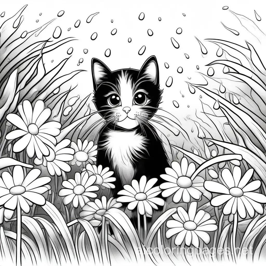 TUXEDO CAT KITTEN HIDING UNDER A GERBE DAISY IN A RAINSTORM, Coloring Page, black and white, line art, white background, Simplicity, Ample White Space. The background of the coloring page is plain white to make it easy for young children to color within the lines. The outlines of all the subjects are easy to distinguish, making it simple for kids to color without too much difficulty, Coloring Page, black and white, line art, white background, Simplicity, Ample White Space. The background of the coloring page is plain white to make it easy for young children to color within the lines. The outlines of all the subjects are easy to distinguish, making it simple for kids to color without too much difficulty