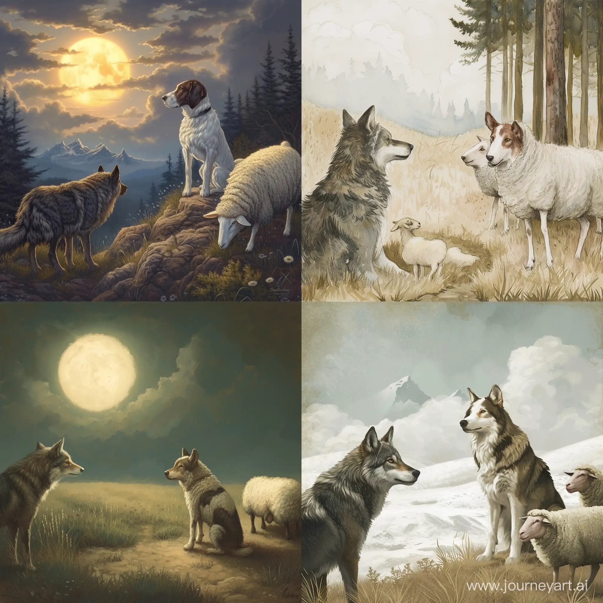 dog and sheep at right side looks at wolf at left side