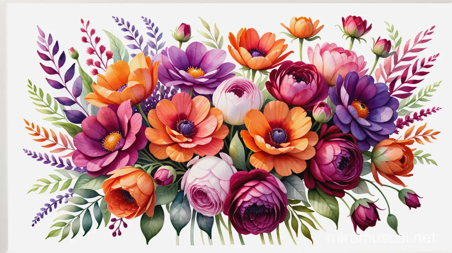 A stunning 3D render of a vibrant watercolour painting featuring a lush arrangement of colourful flowers. The flowers are depicted in a variety of hues, from deep reds and oranges to soft pinks and purples. The white background enhances the richness of the colours, creating a sense of depth and dimension. The overall effect is a captivating, textured work of art that captures the essence of nature's beauty., 3d render

