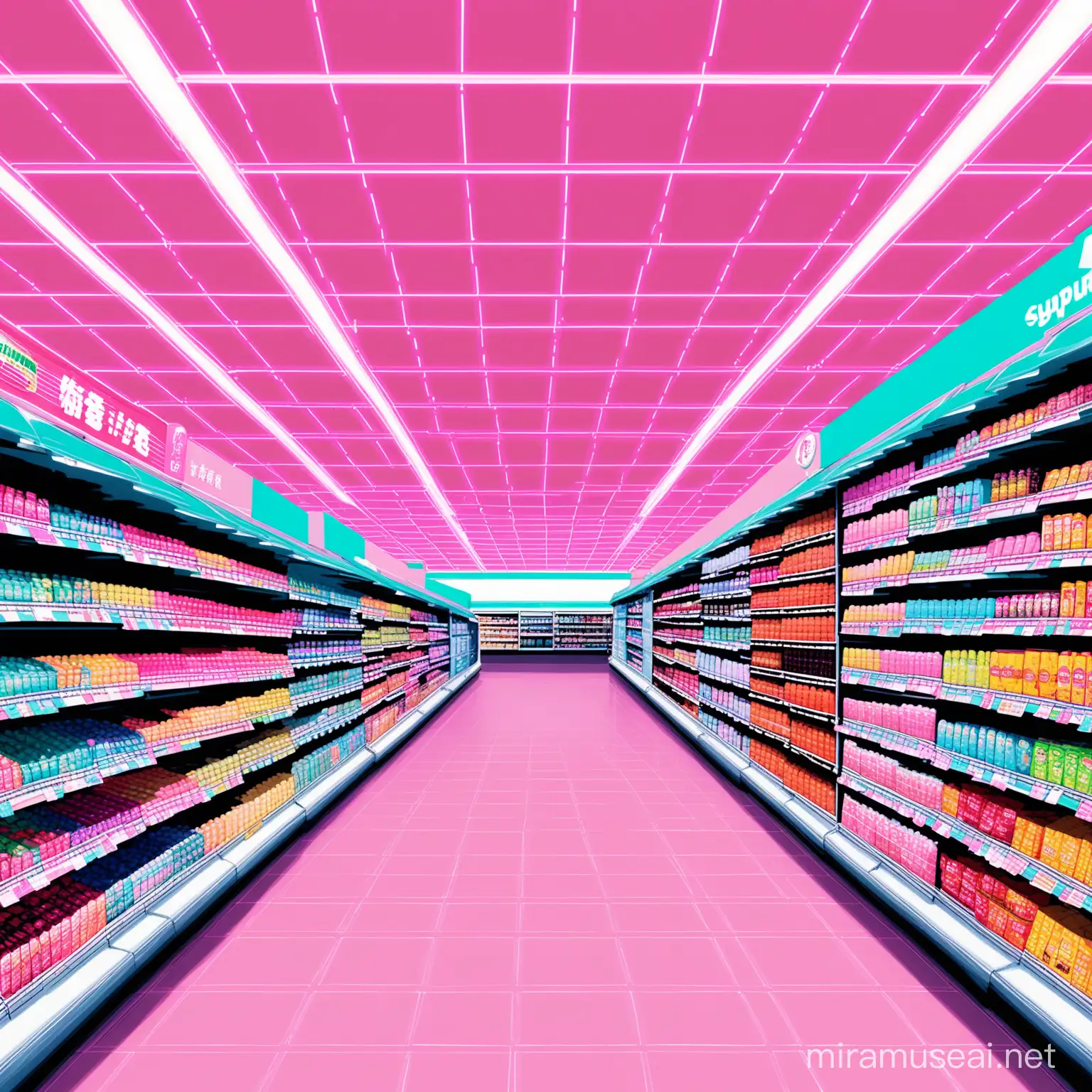 Vibrant Vaporwave Supermarket Scene with Neon Aesthetic