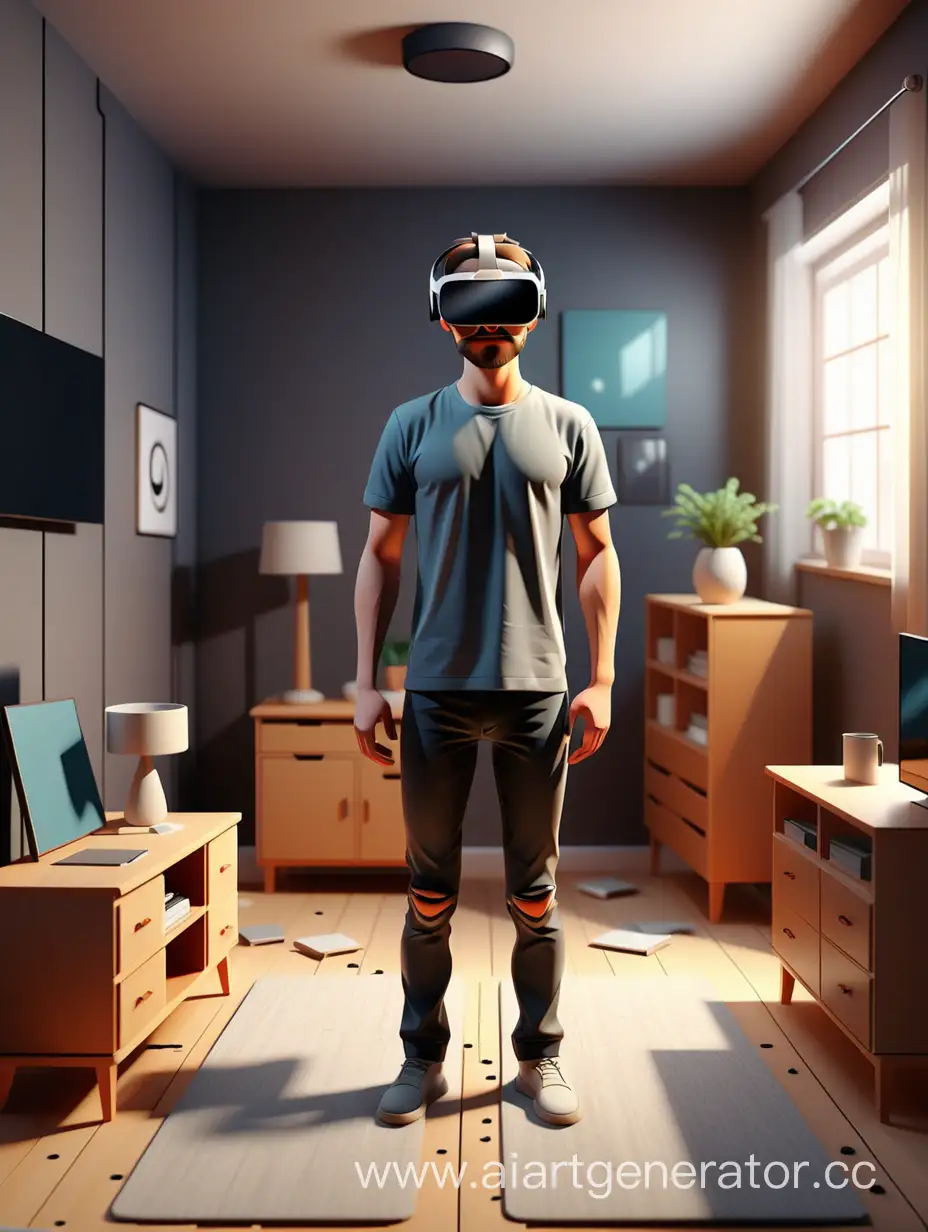 создай картинко в стиле 3д, которая будет описывать данные условия: человек с очками виртуальной реальности стоит в комнате, которая заполнена мебелью наполовину