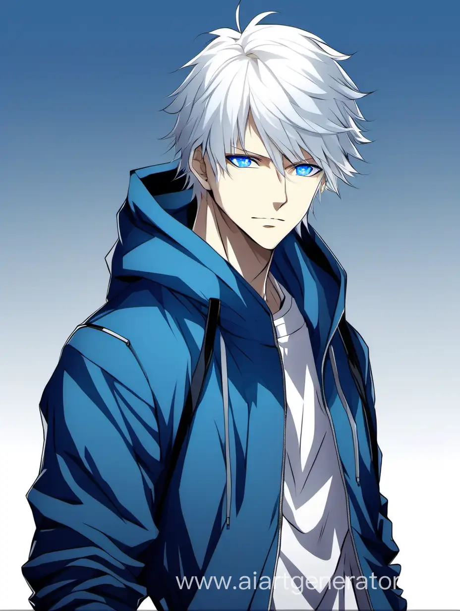 Аниме, парень с белыми волосами и голубыми глазами глазами в голубой толстовке