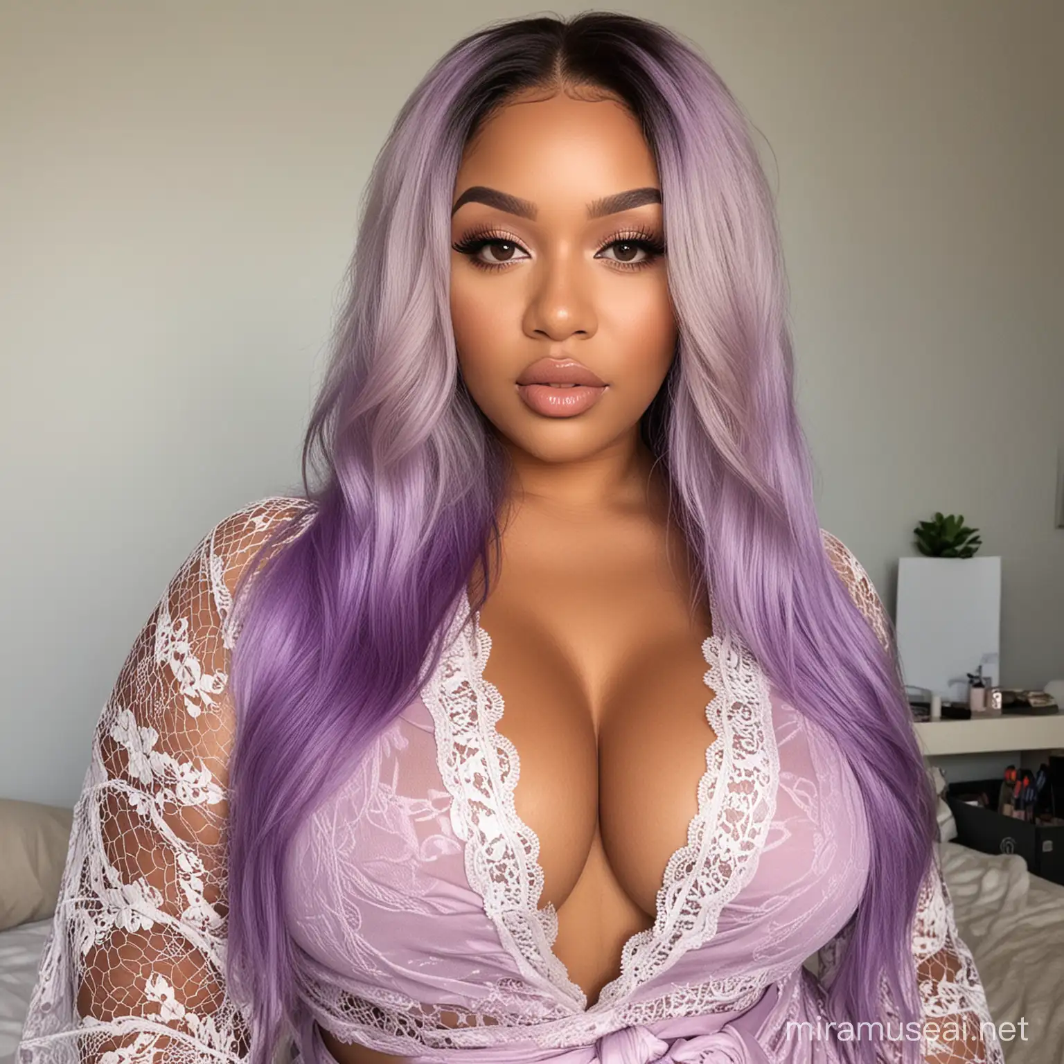 Image prompt/: generate pictures full length of a light skinned south african curvy, thick girl that looks like me, with a straight hd lace front weave, purple lingerie with a short robe