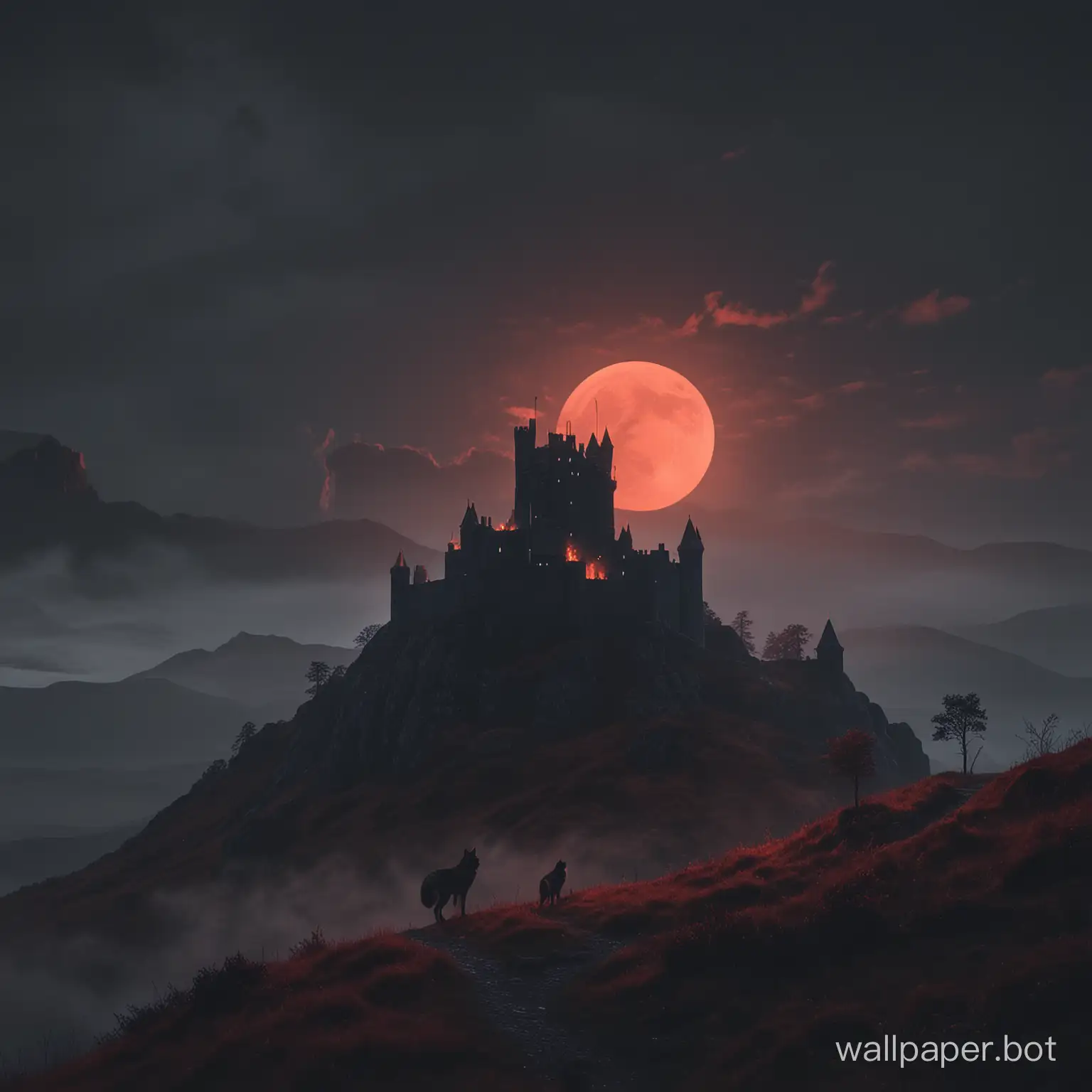 deep in the valleys of Ireland is a Wolf shaped Castle,torches with fire hanging from the walls,guiding travelers,very cold and eerie atmosphere,yuri schedoff style,background a full red moon hanging low between foggy hills,8k,cinematic,digitally exposure