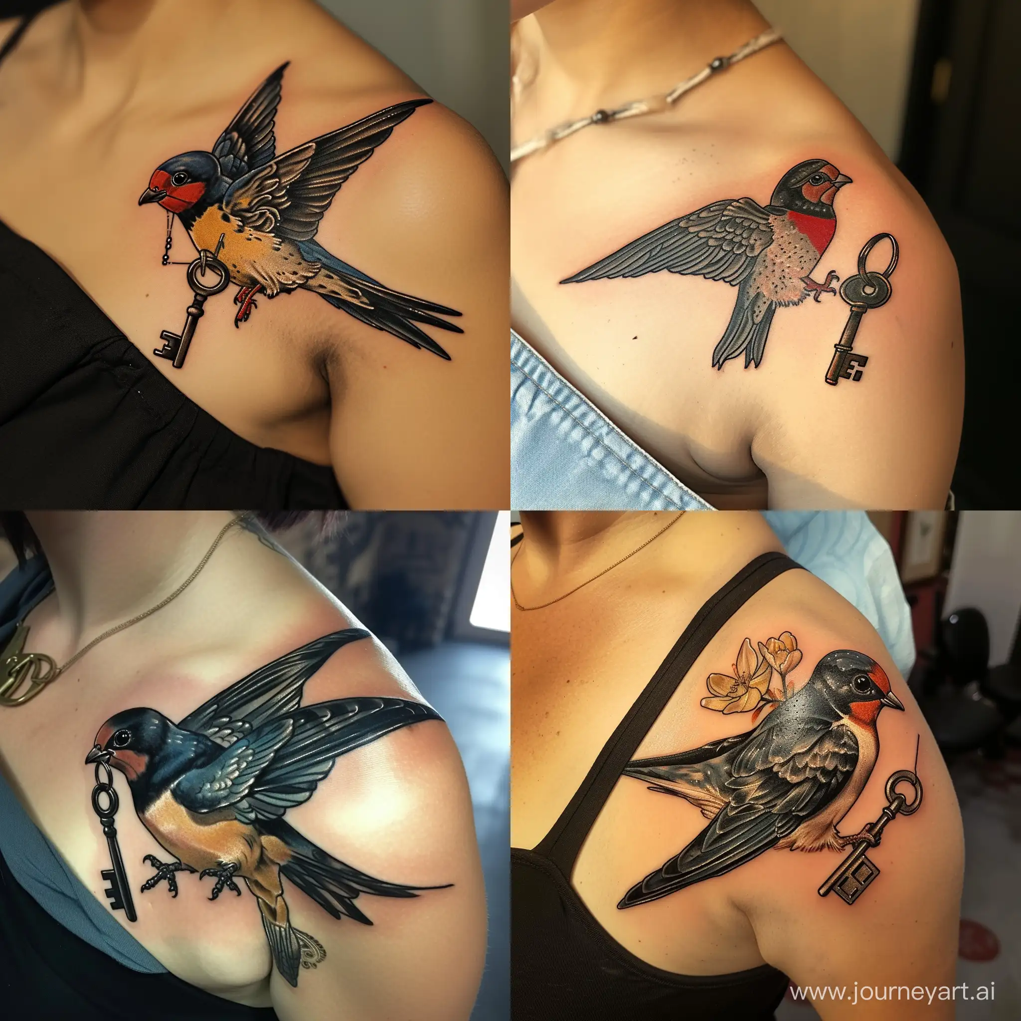 Hyperrealistic-Swallow-Tattoo-with-Key-on-Girls-Shoulder