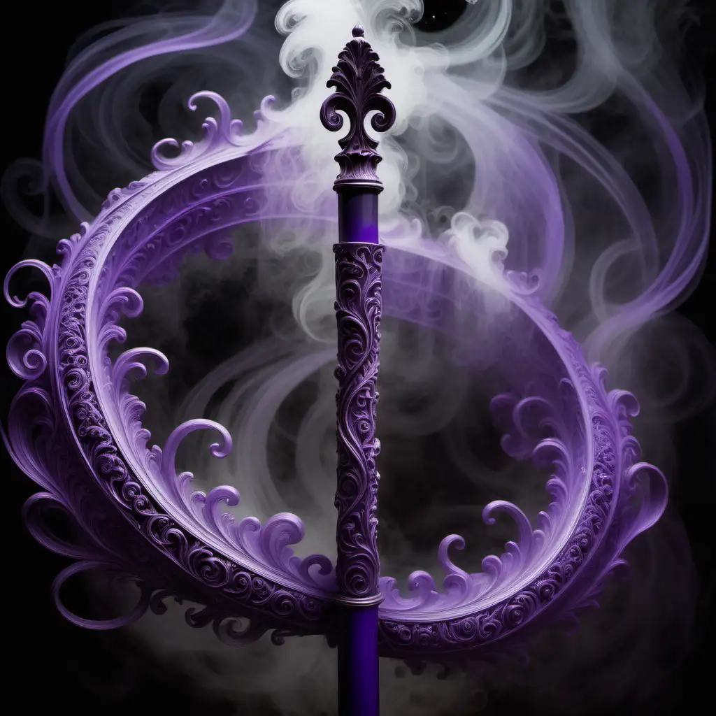 Dark mist swirls around a violet rod with etchings resembling an ornate scroll