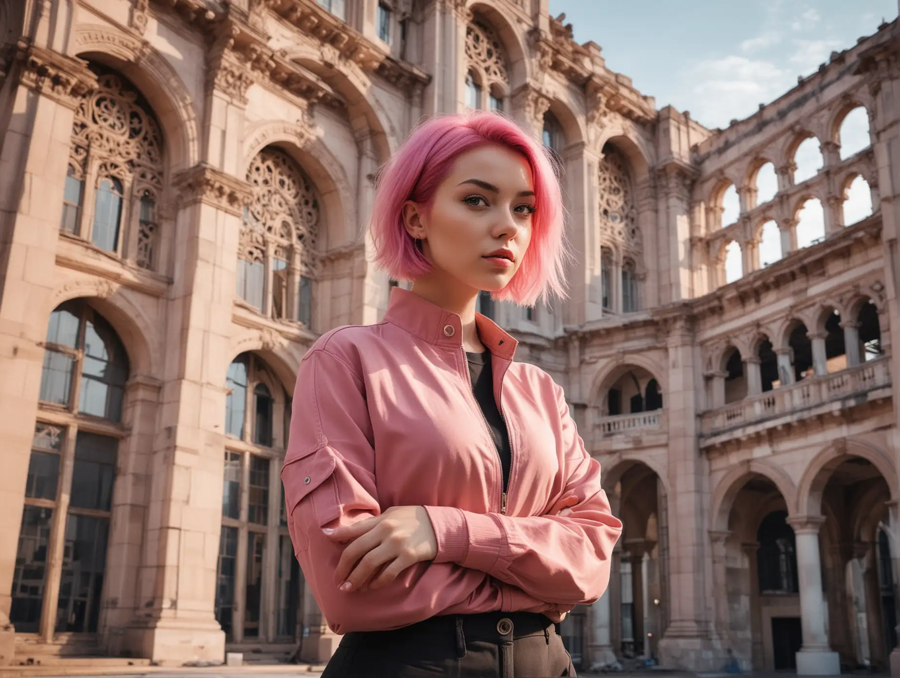 Character: The confident architect strategist girl with INTJ (Introvert-Intuitive-Thinking-Judging) personality type. She's generally structured, analytical, and strategic-minded, and this should reflect in her image. She has short pink hair which adds creativity to her image and reflects her unique style.
Background: She stands in front of a massive architectural structure which she designed, against a vivid raspberry sky that adds contrast and captures attention.
Pose: Her pose exudes confidence and strength as she stands in front of her architectural creation. Perhaps she stands with blueprints or a model of her project to emphasize her role as an architect strategist.
Details and accessories: She can be dressed in professional and stylish clothing that mirrors her character and relates back to her role as a strategist and architect. Don't forget to include elements that reflect her penchant for structured thinking and analytics.