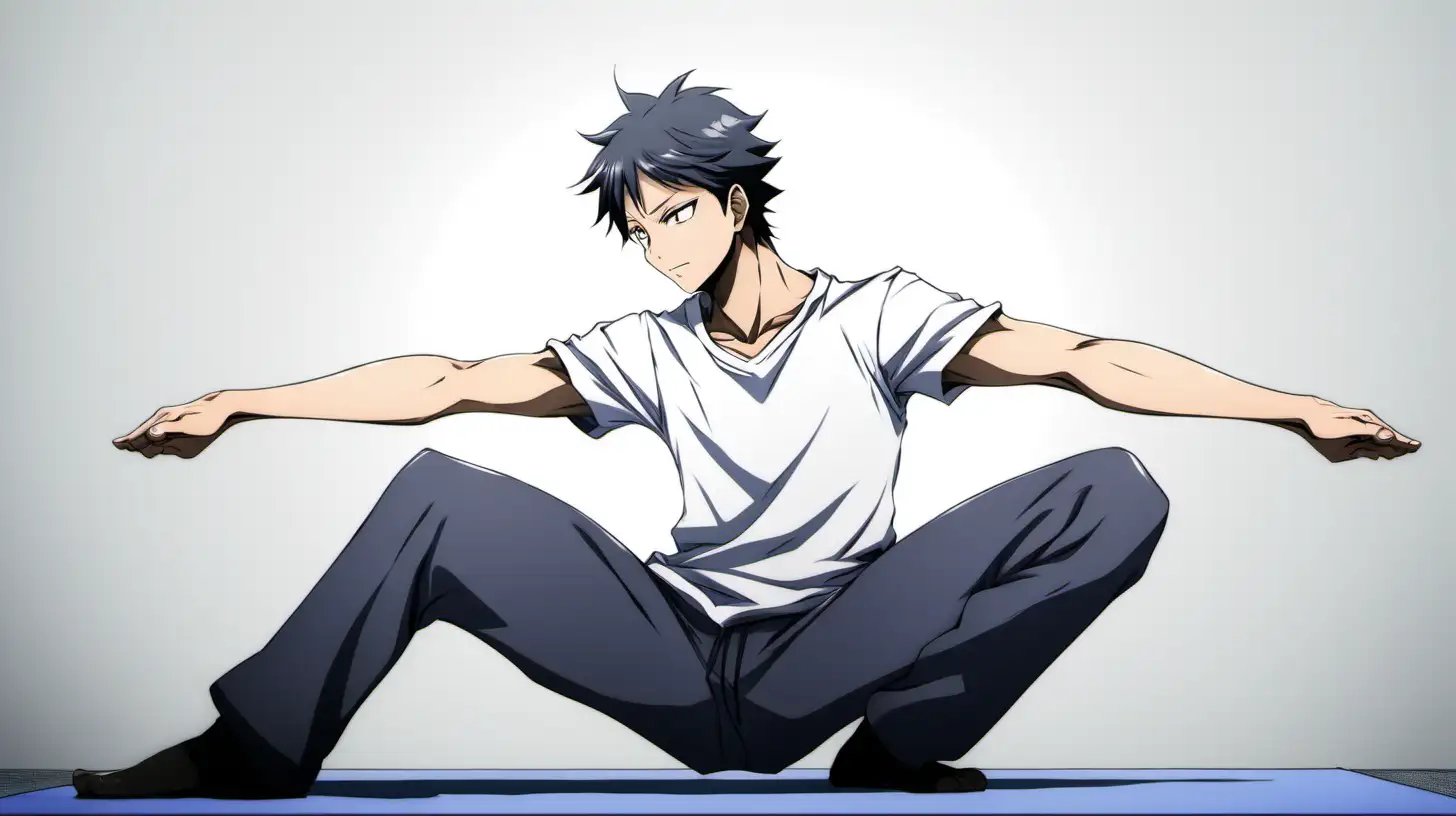 AnimeInspired Man Stretching with Energetic Dynamism