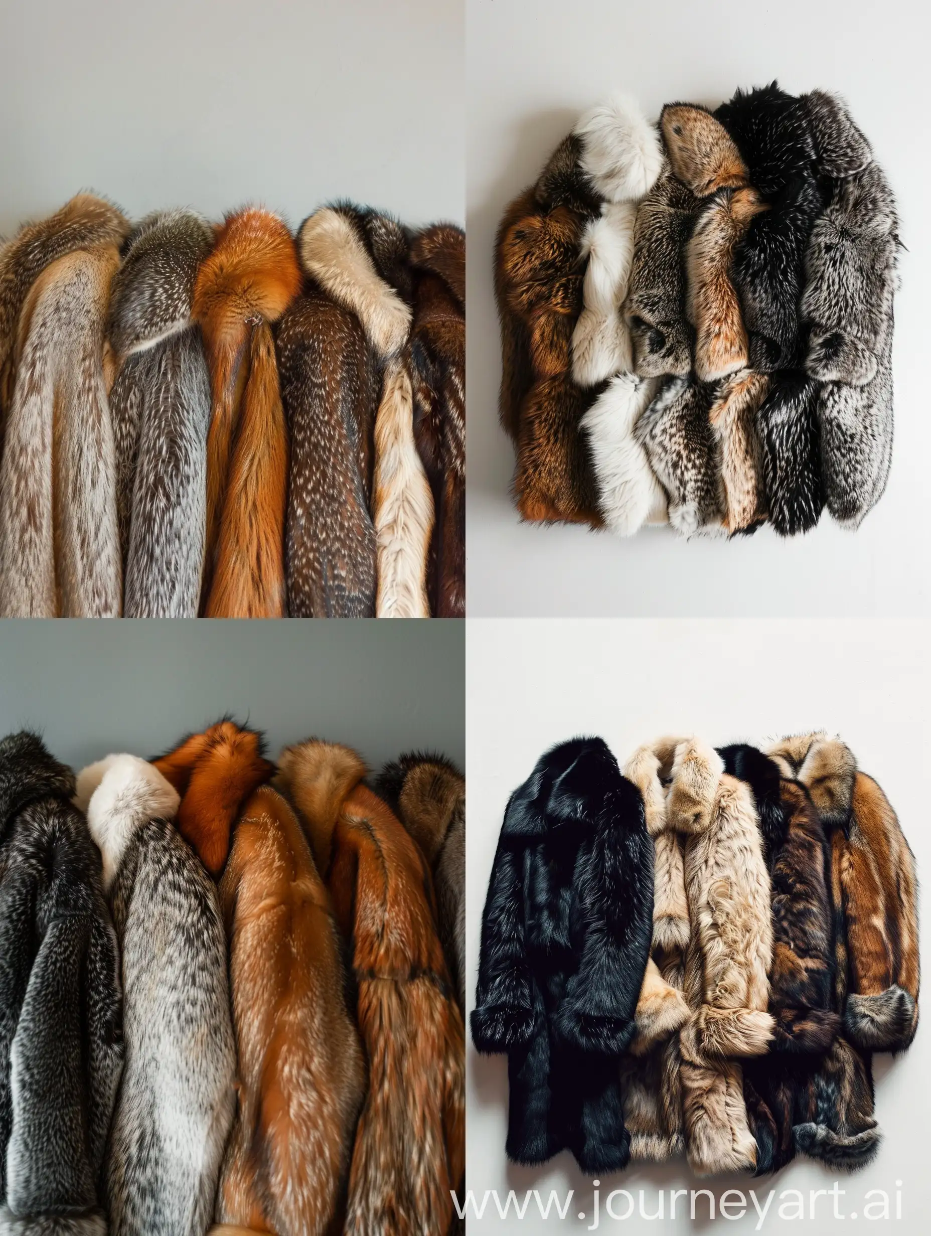 Generate a picture of 4 Fur coats in different colours