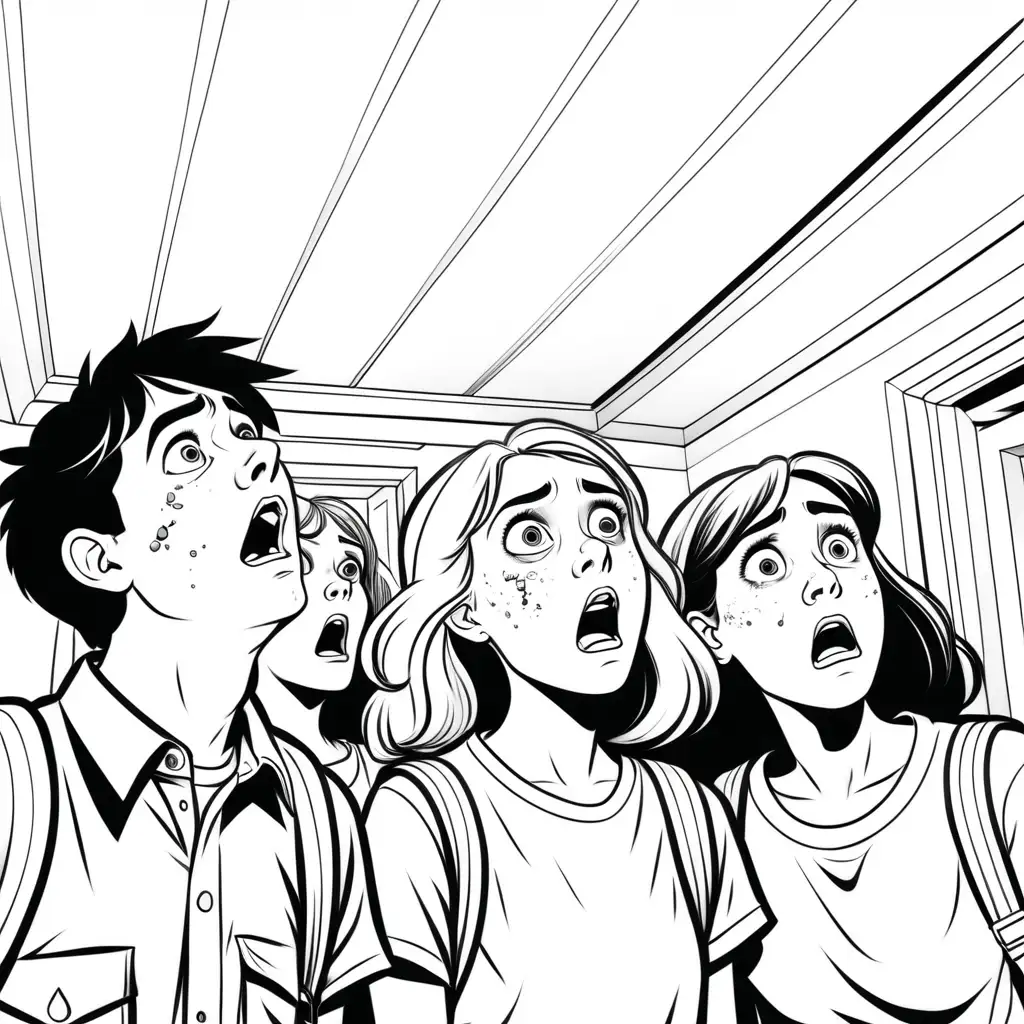 Anxious Young Adults Gazing Upward Monochrome Coloring Book Illustration