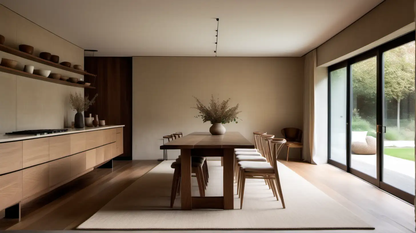 an organic minimalist modern japandi style estate home long room with kitchen at one end and dining table at the other; beige wool runner rug; walnut wood, oak flooring, Bauwerk Bone limewashed walls, a large window with linen roman blinds
