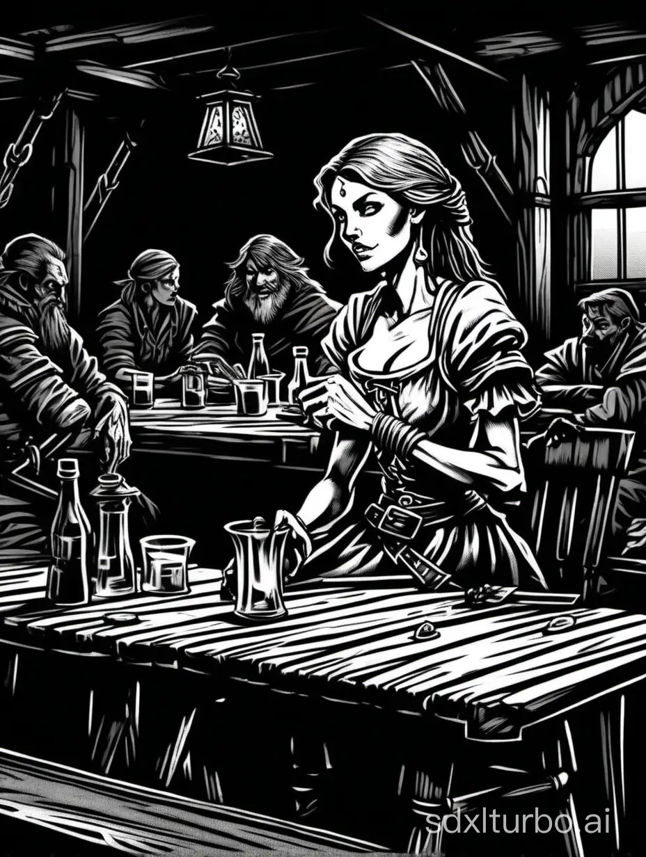 by Russ Nicholson, style of 1979 Dungeons and Dragons,

line art of a skinny tavern wench, sitting at a table, in a dark tavern, dark and moody atmosphere,

wide shot, black background, 1bit bw,