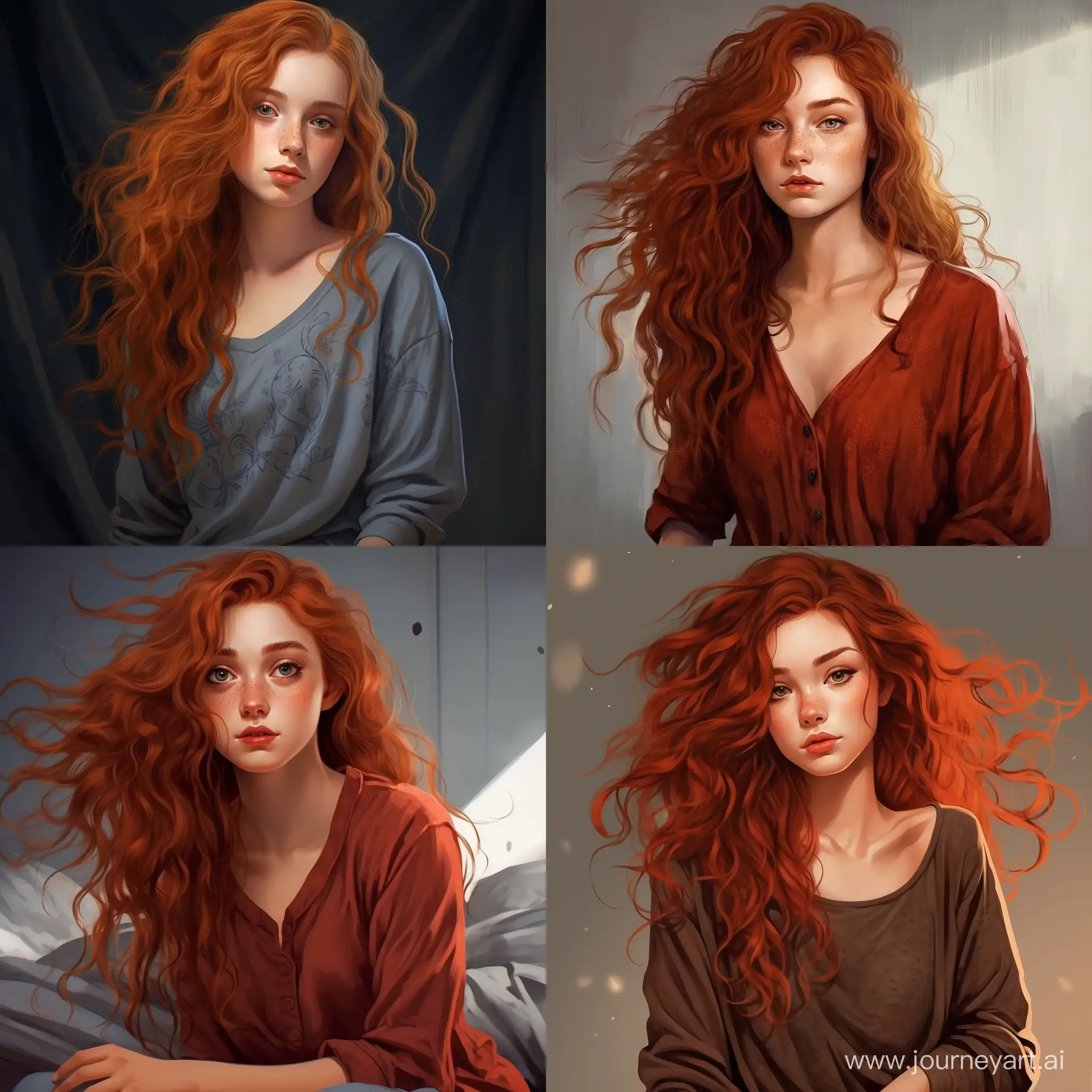 Beautiful girl, curly dark red hair, gray eyes, freckles, pale skin, teenager, 15 years old, red tunic and trousers, high quality, high detail, cartoon art