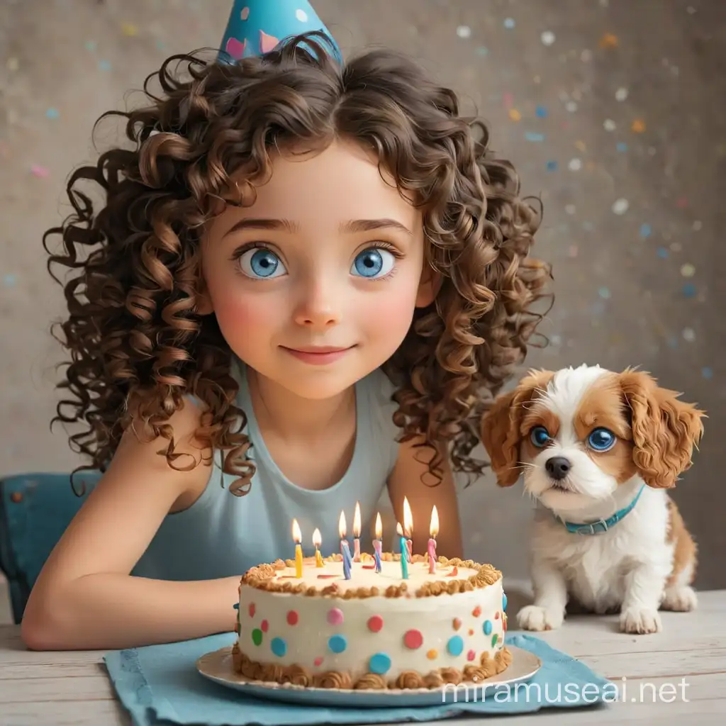 curly girl with blue eyes birthday cake 9 years old read books  with little dogs