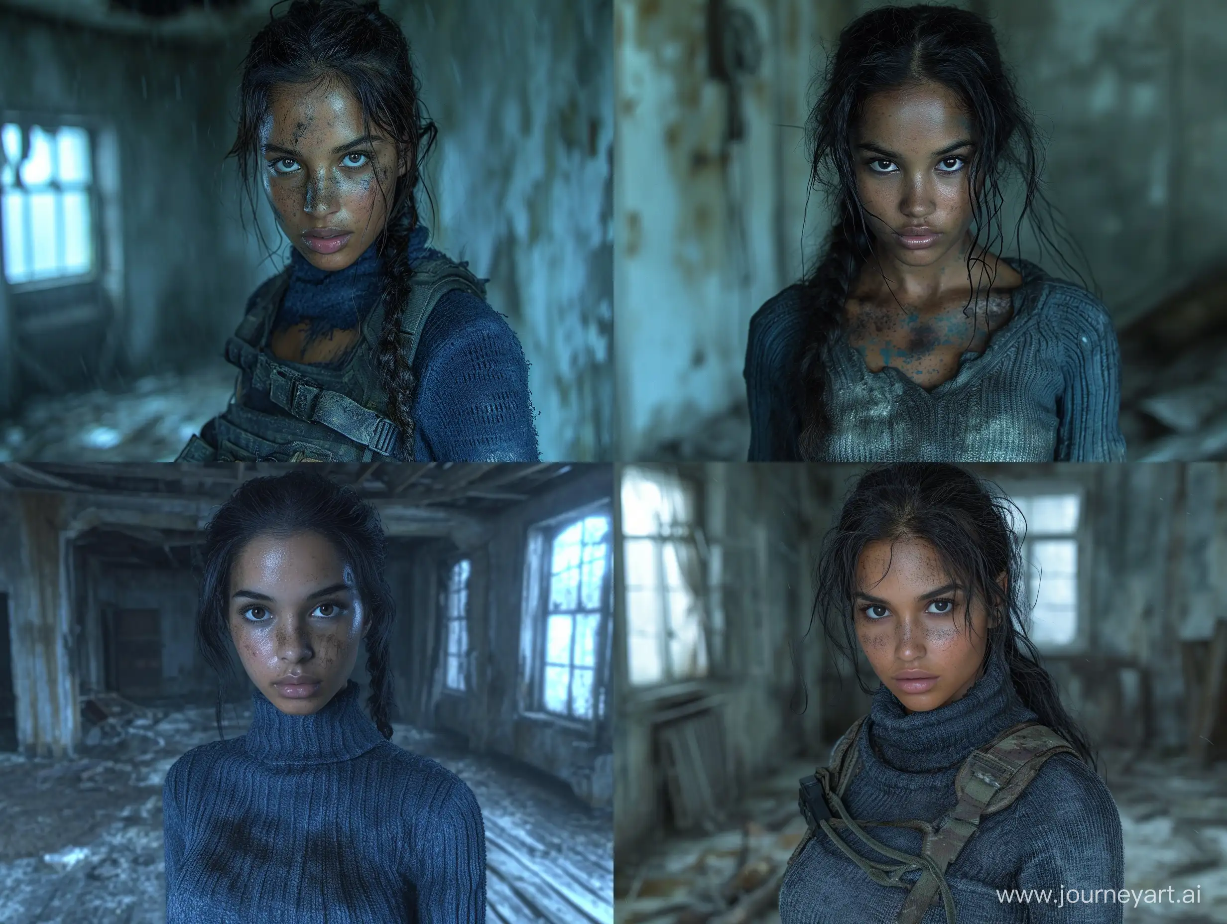beautiful dark skin female Sheva Alomar in S.T.A.L.K.E.R as mercenary in darkblue tactical sweater dark abandoned room --s 999 --style raw --v 6