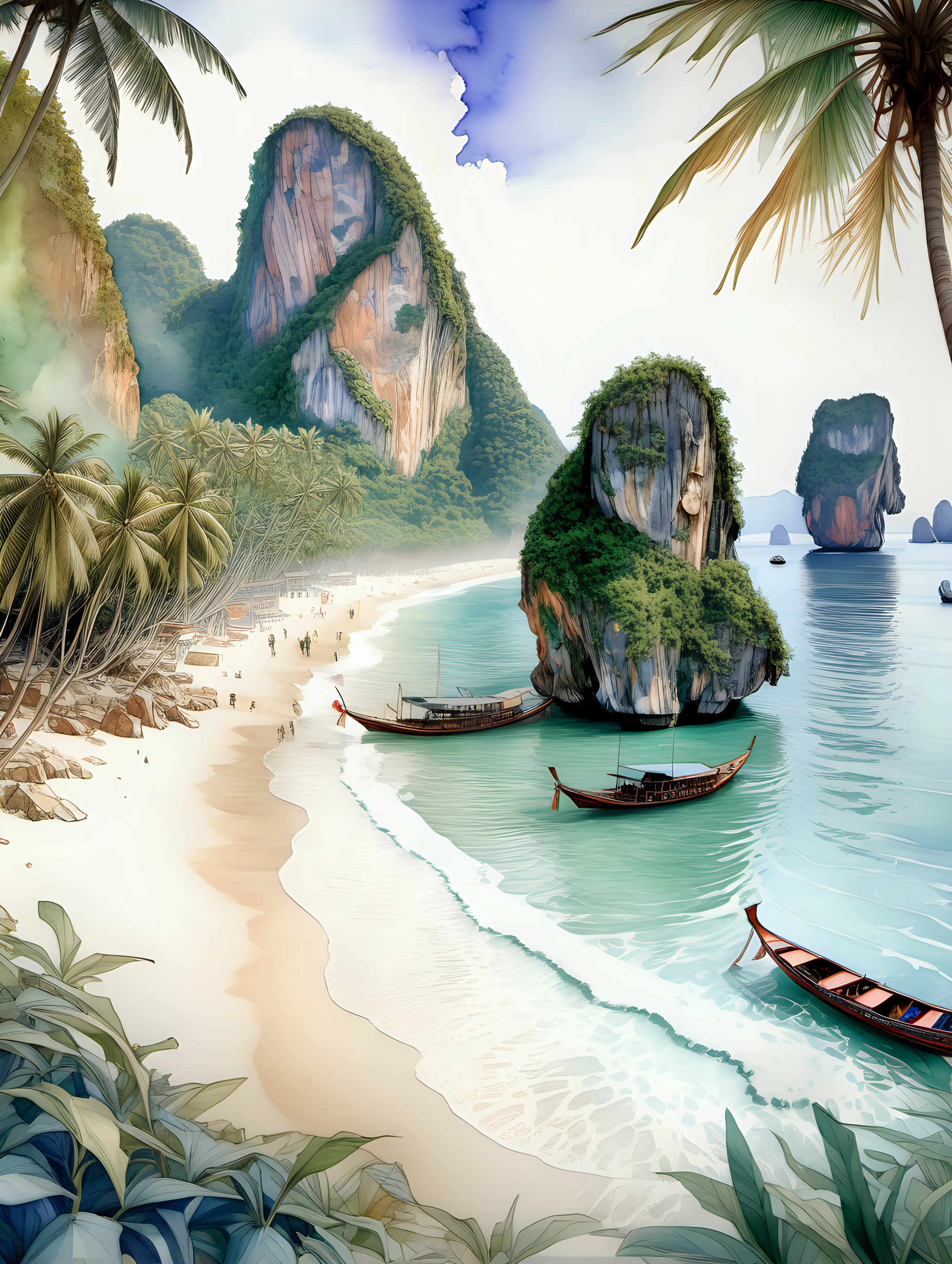 Alphonse Mucha Inspired Watercolor of Maya Beach Thailand Spectacular View