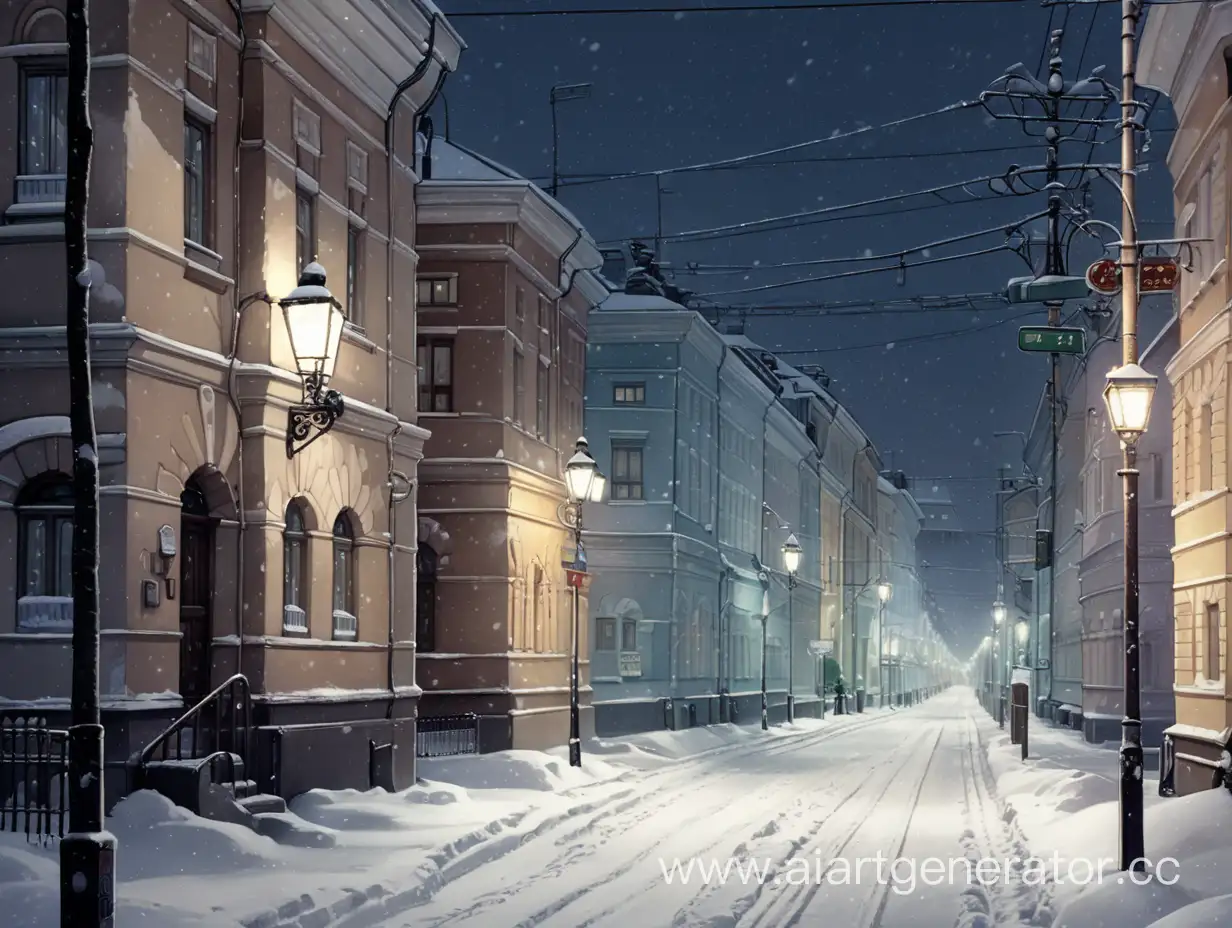 Зима, темный улица, на улице темно, идет снег, зимняя улица в России, аниме стиль, мало освещения, новостройки многоэтажки стоят по бокам улицы, улица засыпана снегом,  вытоптонная трапинка из снега, в Москве, контрастность +20, стиль рисовки как у бескончногог лета
