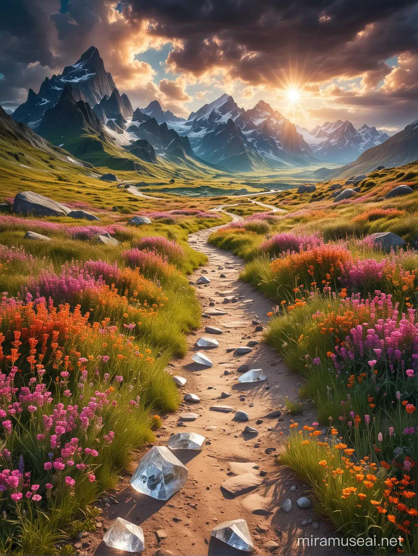 beautiful scene of a magical winding road leading to distant mountains  in the horizon with green grass, colorful  flowers and giant crystals on both sides reflecting the sunlight creating a breathtaking scene with vivid perfect light between the clouds

