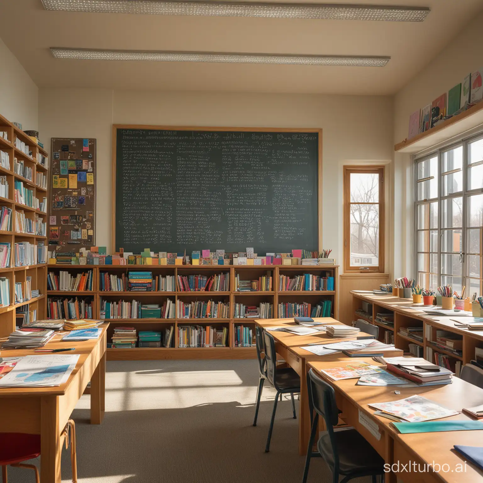 A classroom scene with a colorful chalkboard filled with drawings and equations, surrounded by shelves stacked with books, desks arranged neatly in rows, and sunlight streaming in through large windows.