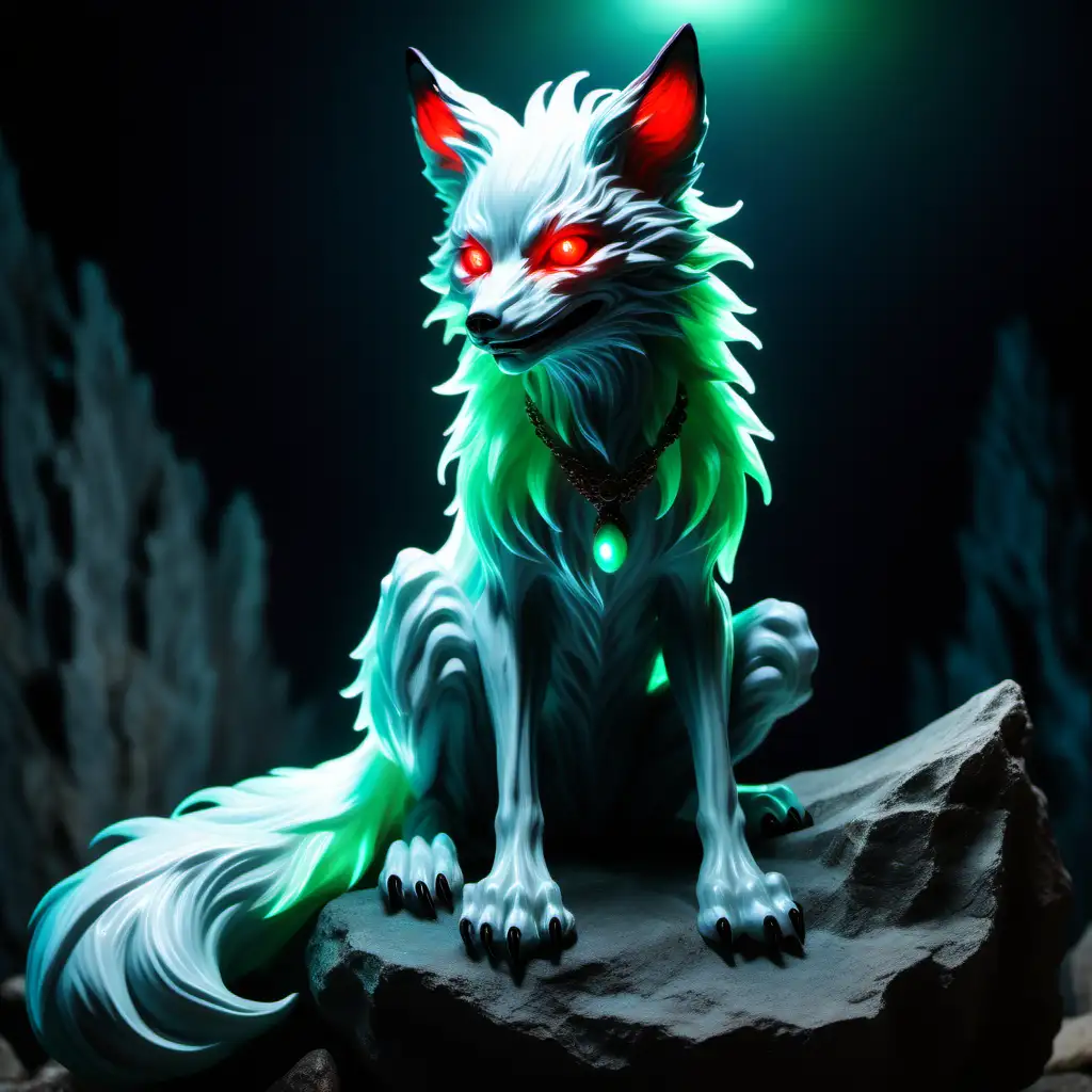一只幽魂狐狸，坐在石头上，侧面，眼框鲜红，全身长毛，邪恶，露出尖牙，阴森恐怖的感觉，幽蓝色眼冒绿光，九条尾巴，颈部挂着夜光珠