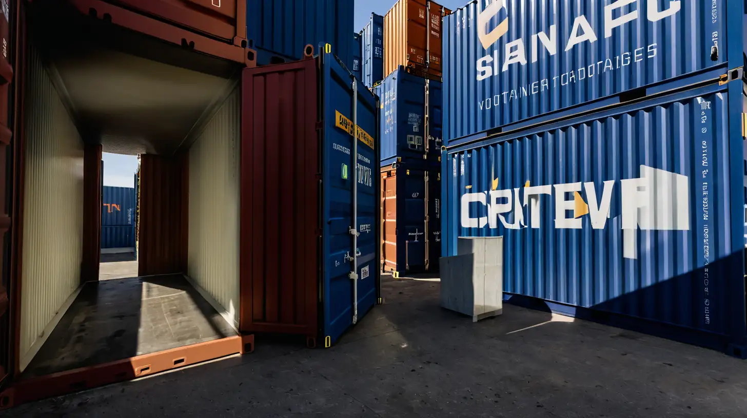 Show a few shipping containers stack on top of each other, one opened up, shadows, dirty

