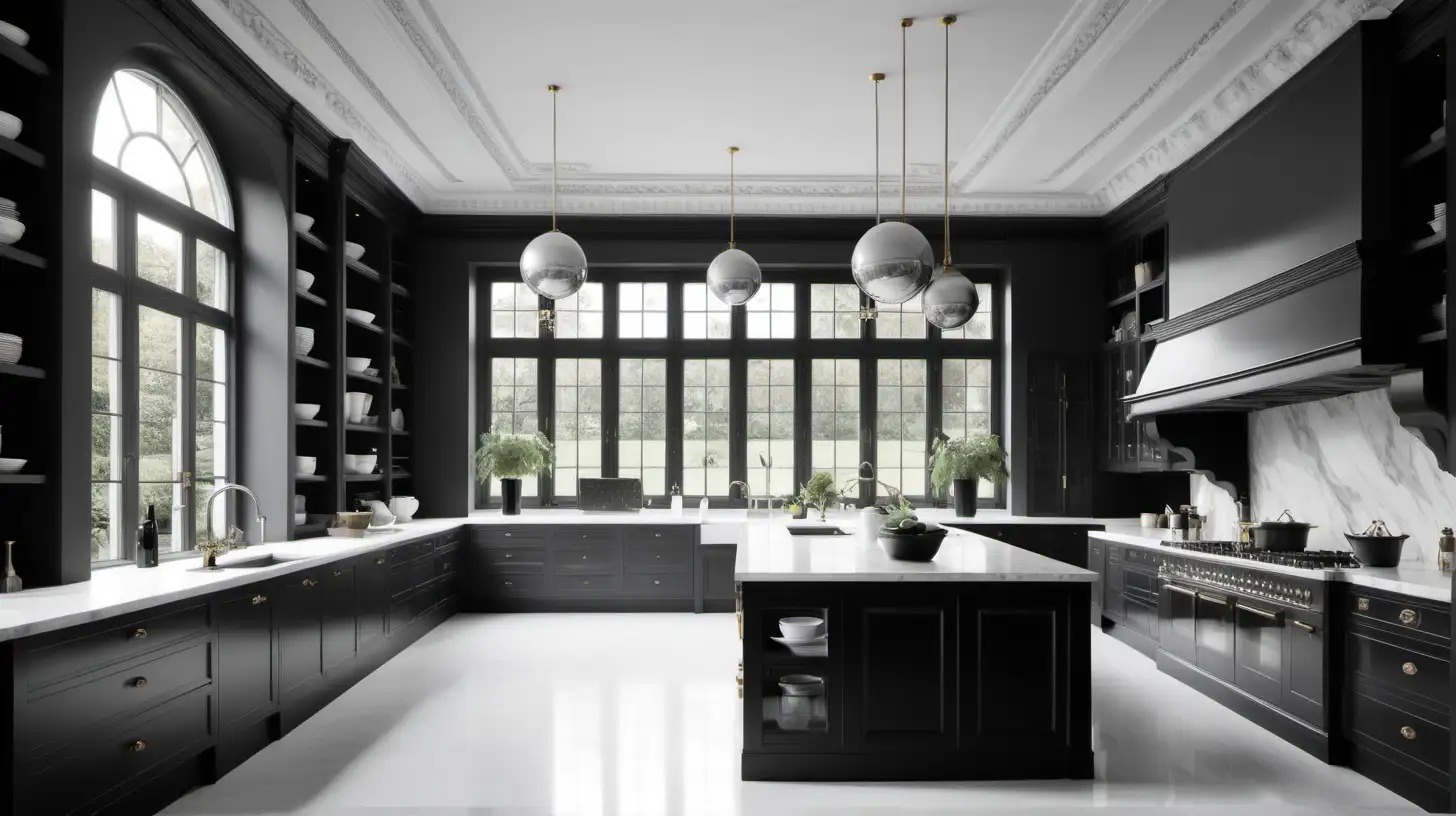 large classical open plan kitchen; black, white and grey colour palette; large classical windows along one wall

