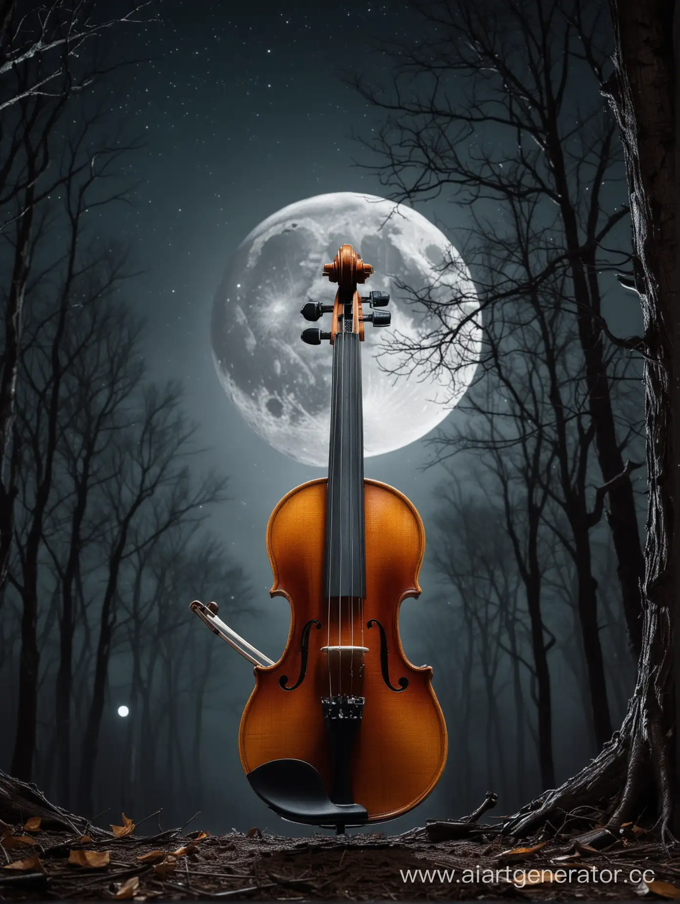 скрипка составленная которая является частью луны, ночью на фоне темных деревьев