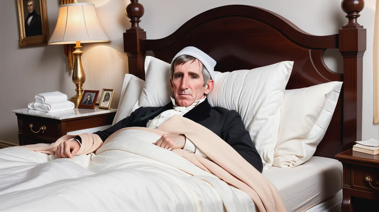 presidente William Henry Harrison, en cama  enfermo, arropada con un trapo en la cabeza 
