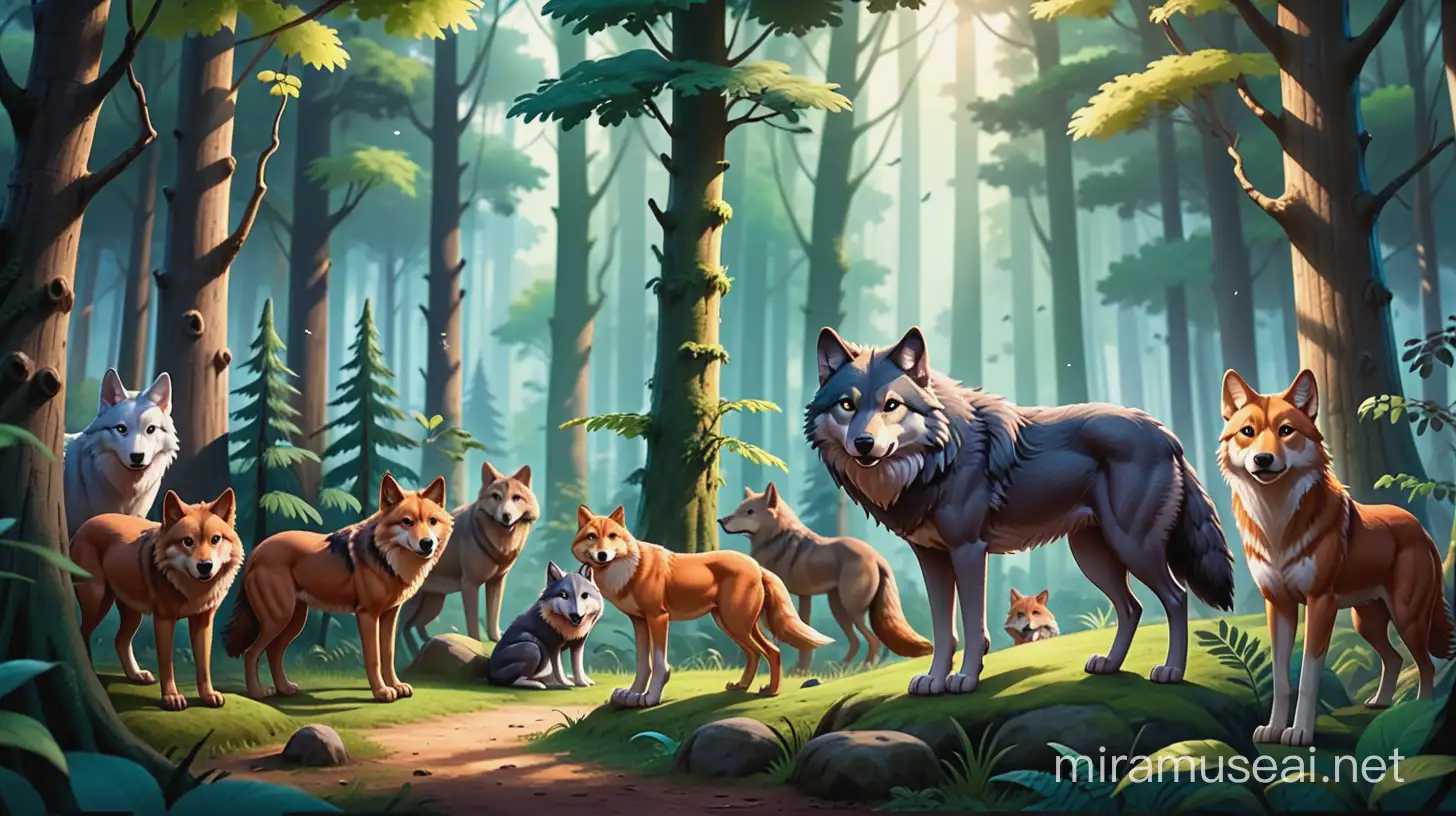 Forest full of animals and there is wolf there , cartoon type .