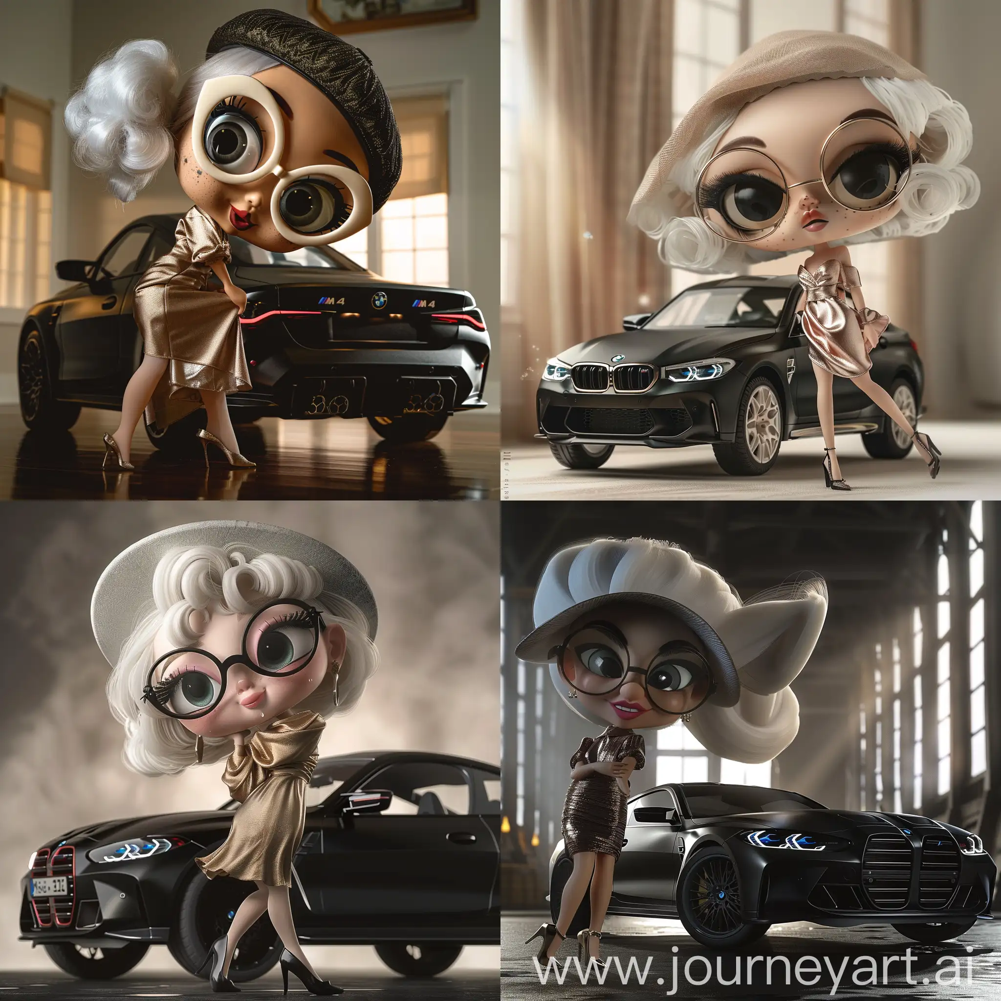 Vintage photo shoot, 1950s Chibi model, cheeky pose looking over shoulder, stilettos, silk dress and hat, 1980s white hairstyle, round glasses, high heels, posing with a 2023 black BMW M4, huge Chibi eyes, large head, small chubby body, soft light, f/11 fantasy photo