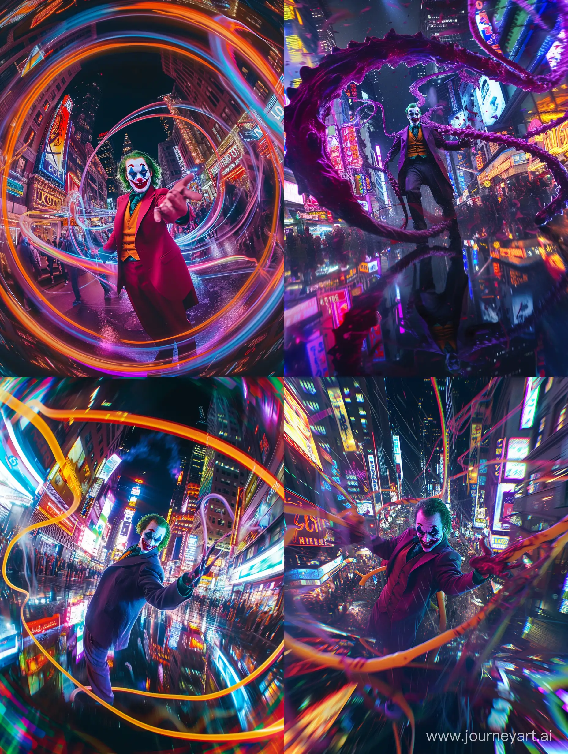 color photo of The Joker, completely unhinged and infected by a symbiote, in a chaotic urban setting at night. Neon lights and reflections illuminate the scene, creating a surreal and frenetic atmosphere. The symbiote tendrils wrap around The Joker's body, pulsating with an otherworldly glow, as he revels in the chaos surrounding him. Shot with a fisheye lens, the distorted perspective adds a sense of disorientation and visual intensity. The vibrant colors of the cityscape and the symbiote's luminescence create a striking contrast against the dark night sky. Experimenting with long exposure techniques, such as light painting or capturing motion blur, can further enhance the dynamic energy and surreal nature of the scene