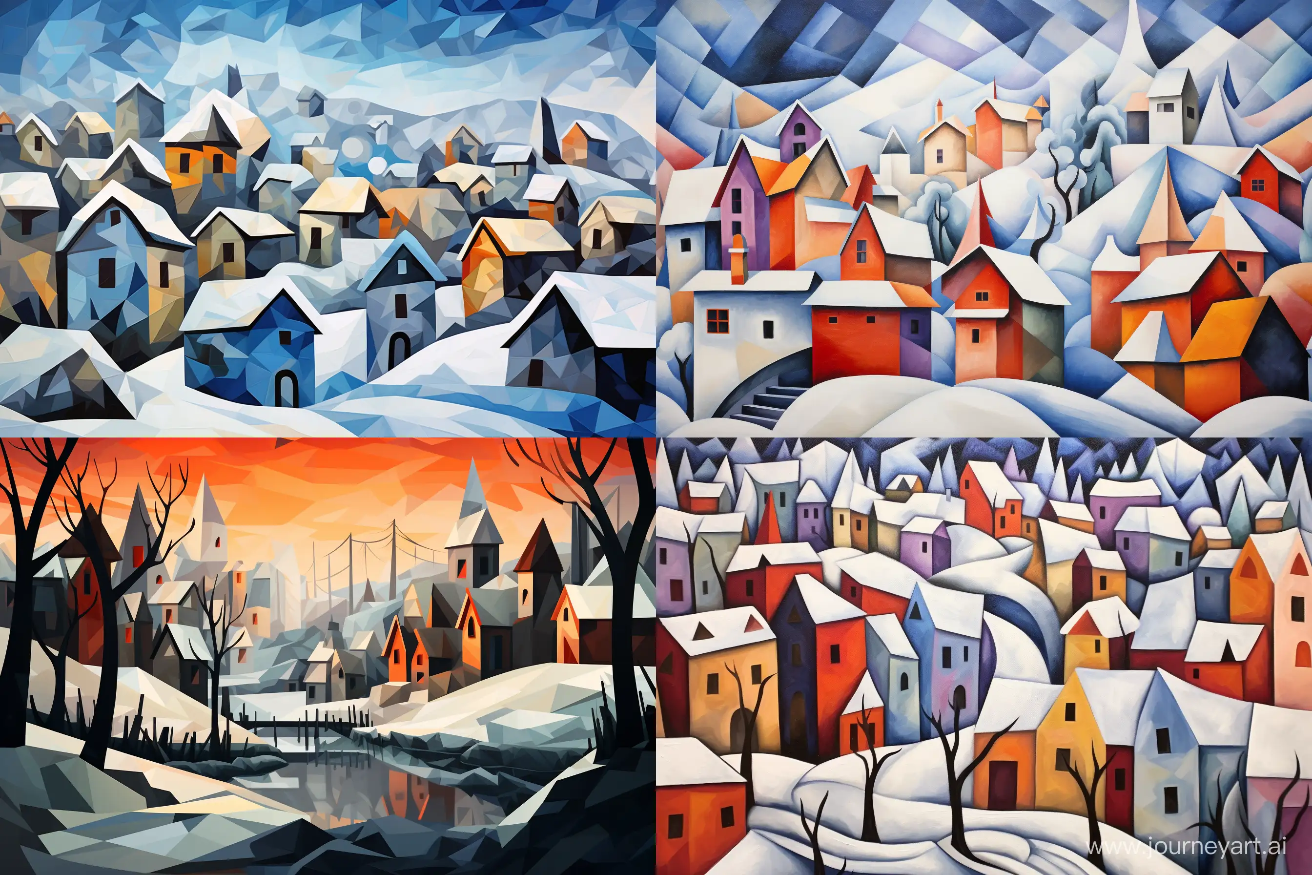 Snowy Village Cubism style --ar 3:2 --v 5.2