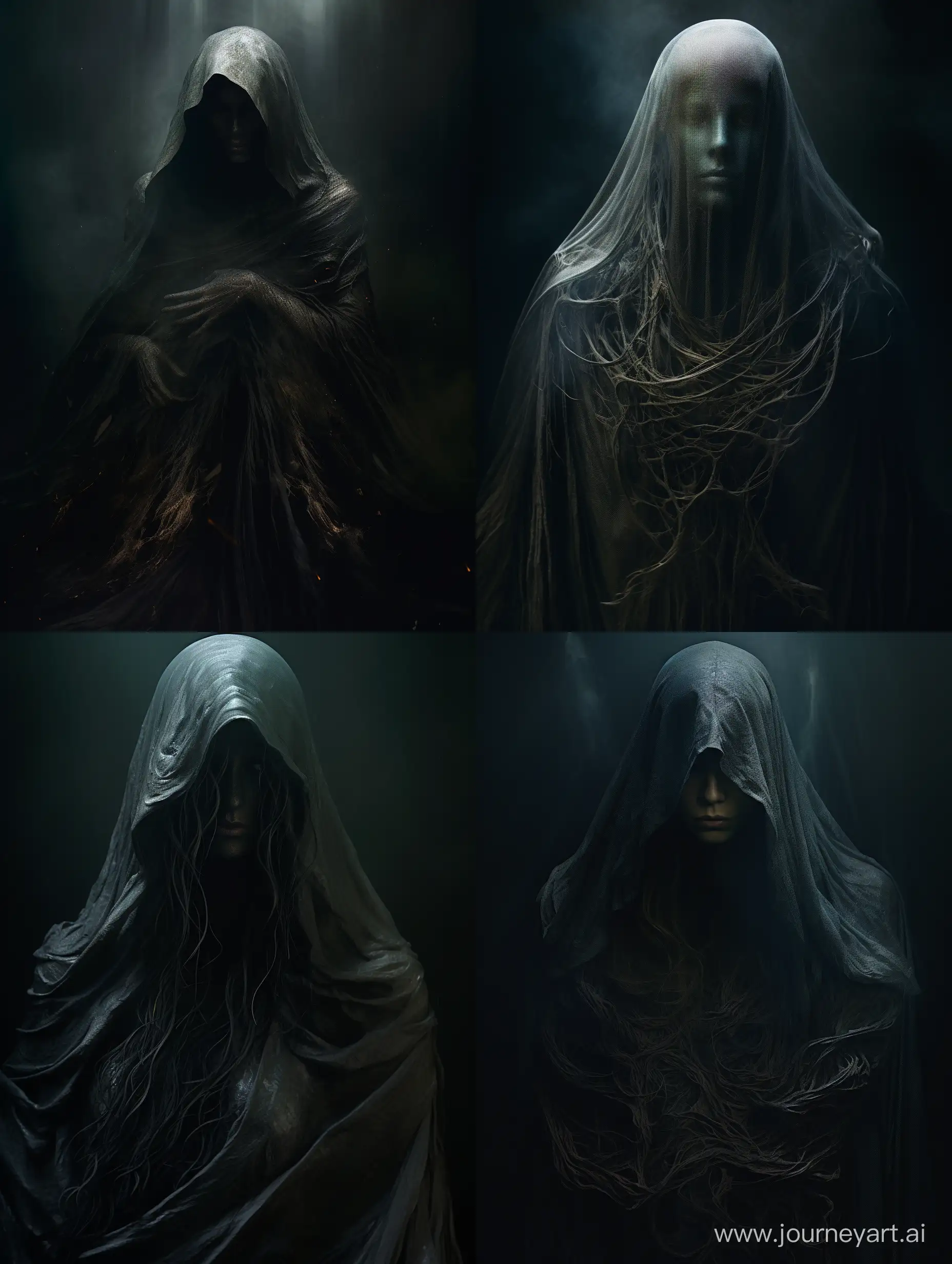 /imagine prompt: A haunting portrait of a spirit with a dark cloak covering its entire body and face. The atmosphere is eerie and ominous, with the lighting emphasizing the details of the cloak and the spirit's features. The image has a high quality, with intricate details in the folds of the cloak and the spirit's facial features. The spirit is shown in a close-up, with the cloak covering its entire body and face, leaving only its eyes visible. The cloak is dark and textured, with intricate patterns that add to the ominous atmosphere of the image. The background is simple, with a neutral color that emphasizes the focus on the spirit and its features. The composition is elegant, with the focus on the spirit's haunting presence. The image has a photorealistic quality that allows for every detail to be seen clearly, making it feel like a real portrait of a dark spirit. It's a perfect fit for those who appreciate the eerie and ominous quality of supernatural beings. --ar 3:4 
