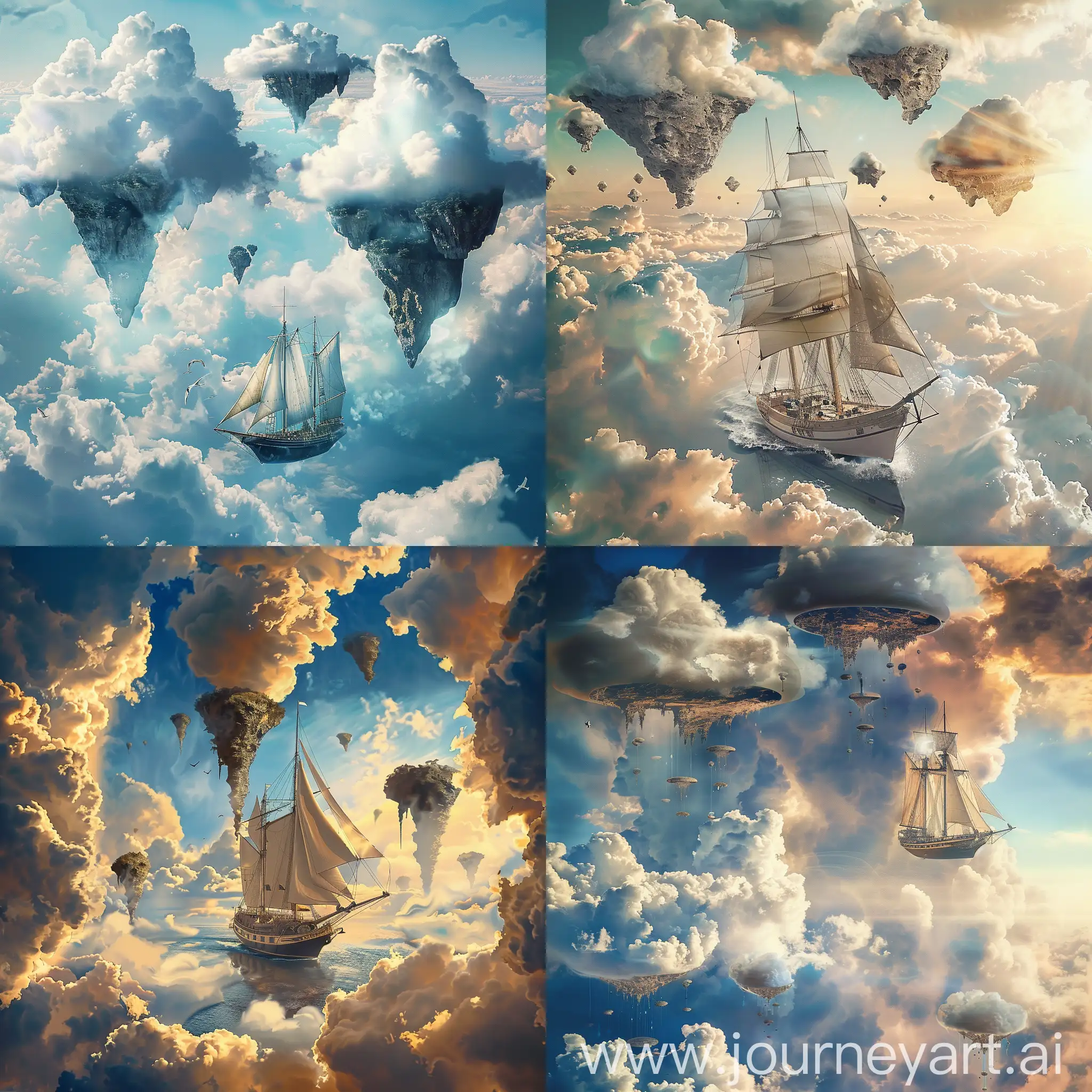 Design an image of a sailing ship navigating through clouds in a sky filled with floating islands