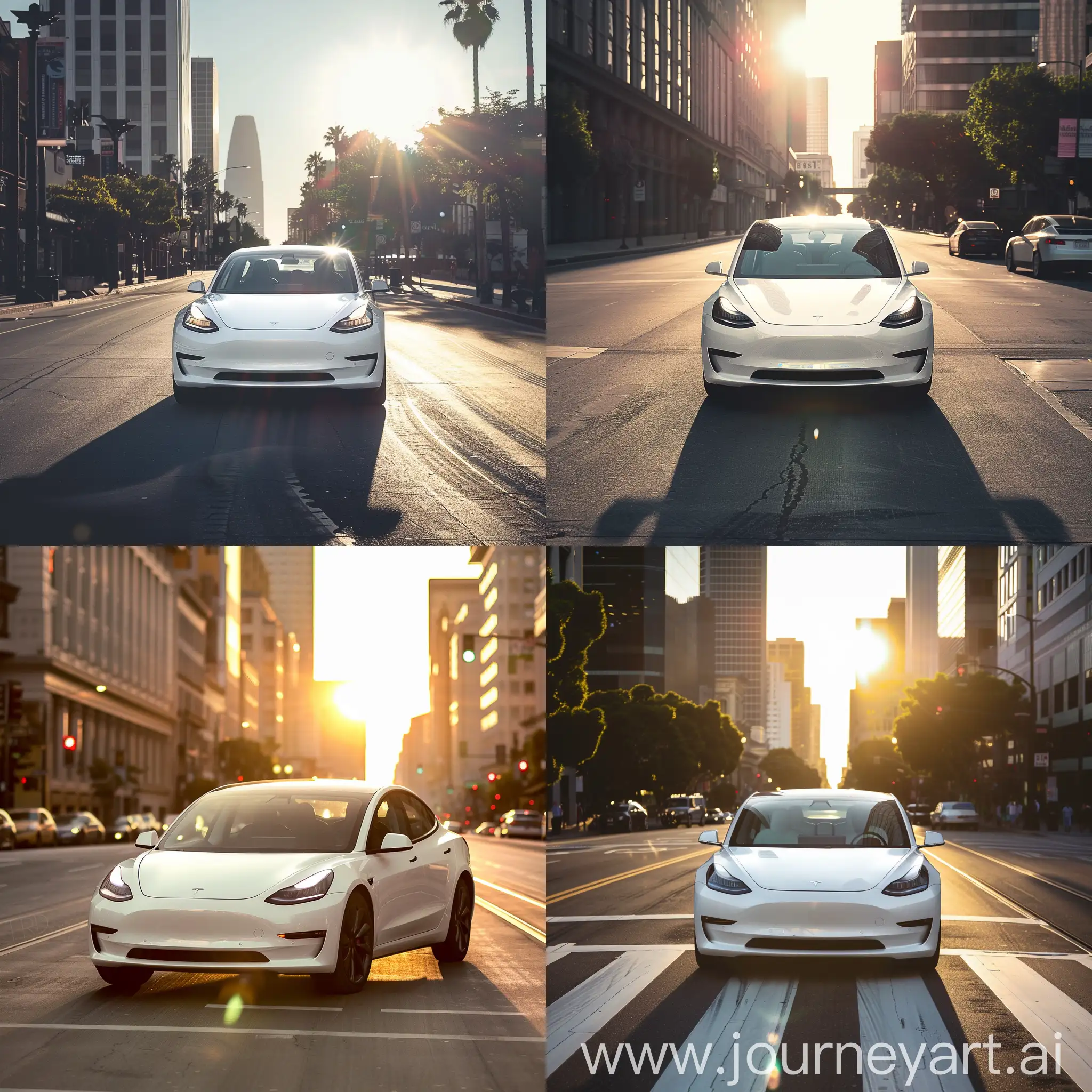 White Tesla Model 3 middle of the Street in GTA Game Style, Day Time, Realistic sun light reflection, High quality 